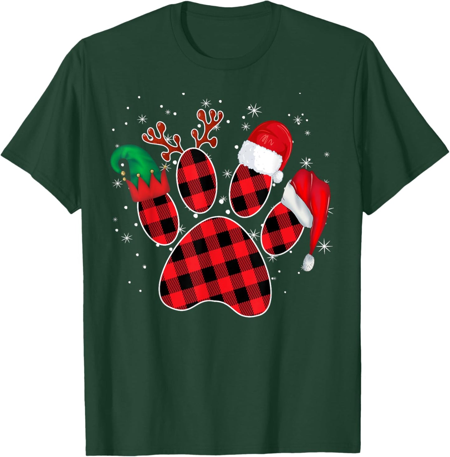 Dog Paws Christmas Buffalo Plaid Paw Santa Elf Reindeer Fun Women Kids T-Shirt - T-Shirt | Forest