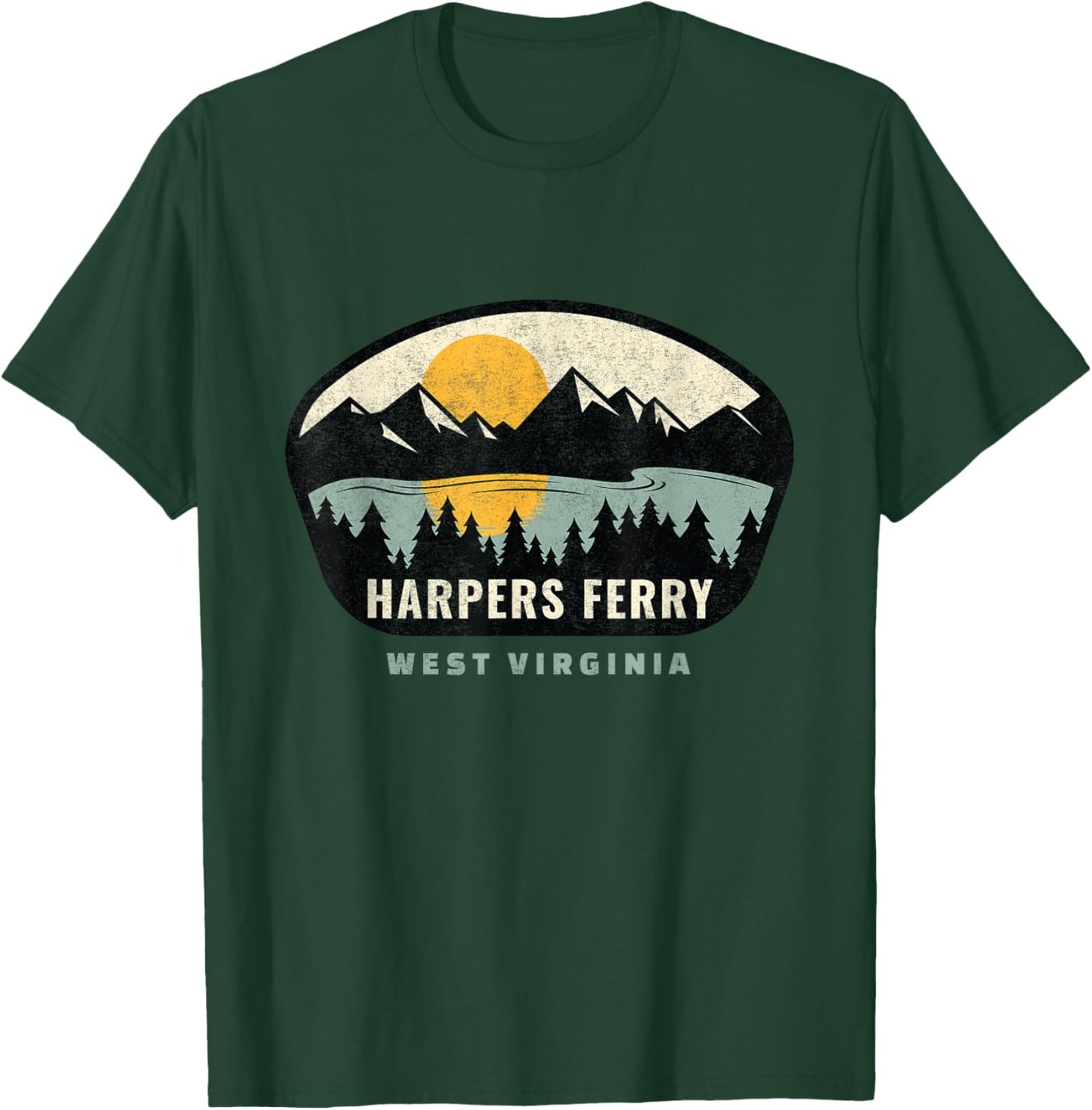 Whyitsme Design -Adults Vacation - Black, Small - Short Sleeve - - Modern - Distressed Design with Sunset Background - Harpers Ferry West Virginia Souvenir T-Shirt - T-Shirt | Forest