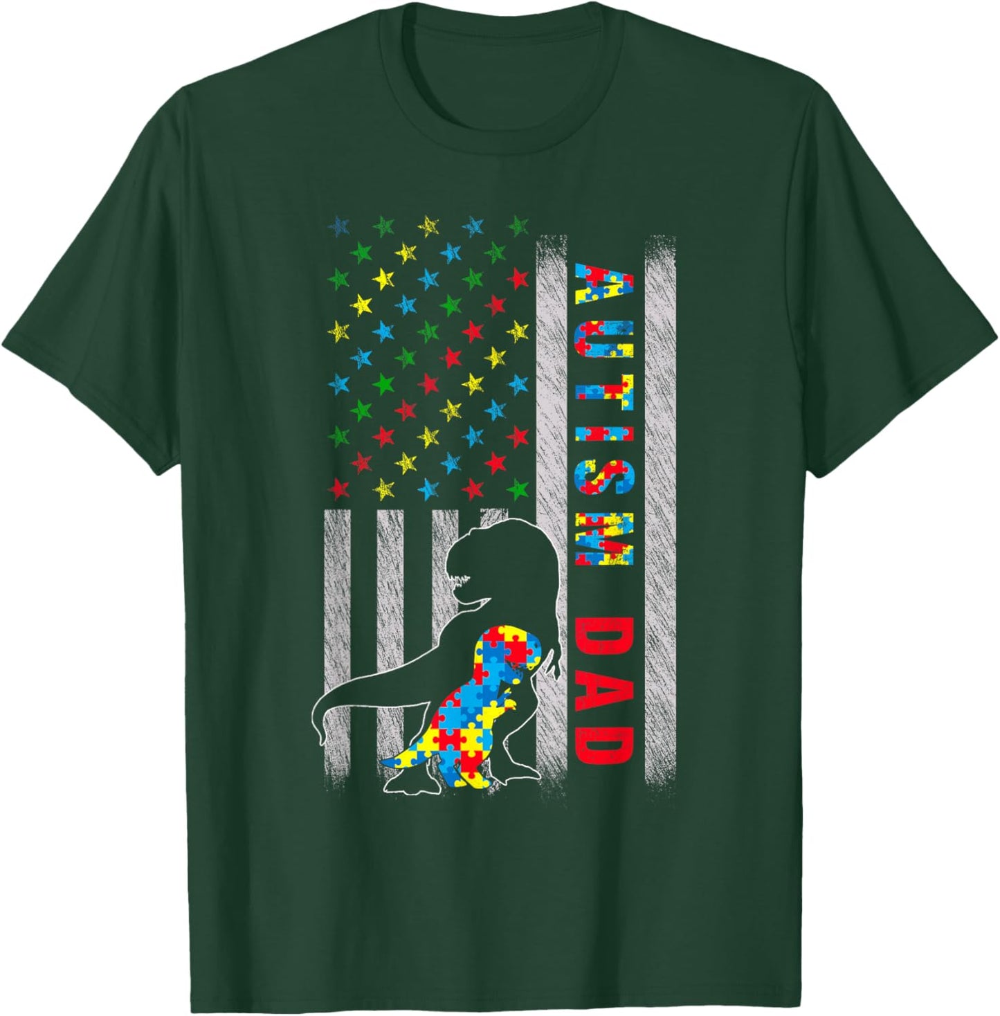 Autism Dad US Flag Dinosaur Autism Awareness T-Shirt - T-Shirt | Forest