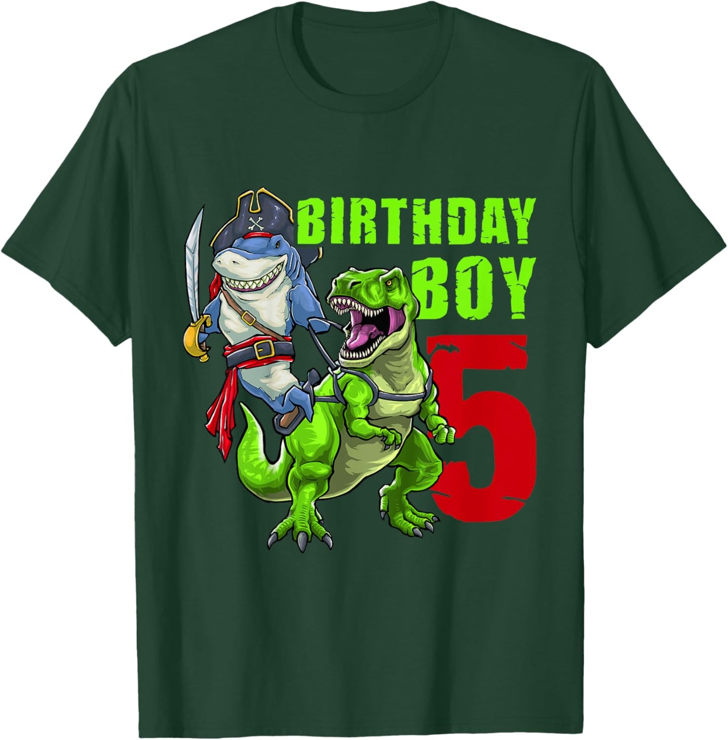 Kids 5th Birthday Boy 5 Years Old Dinosaur Pirate Shark T-Shirt - T-Shirt | Forest