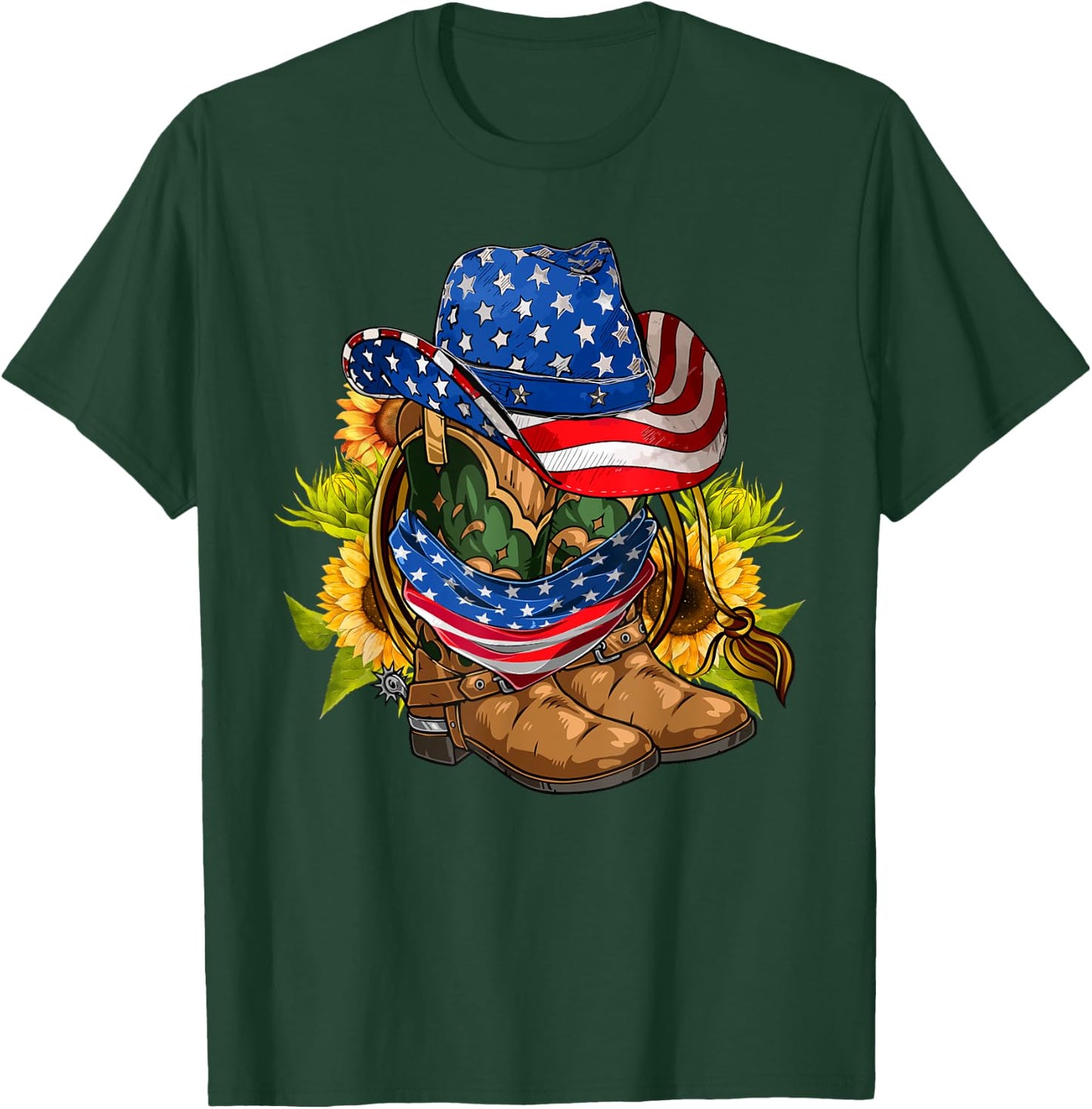 Retro Cowboy Cowgirl Boots & Hat USA Flag 4th Of July Boys T-Shirt - T-Shirt | Forest