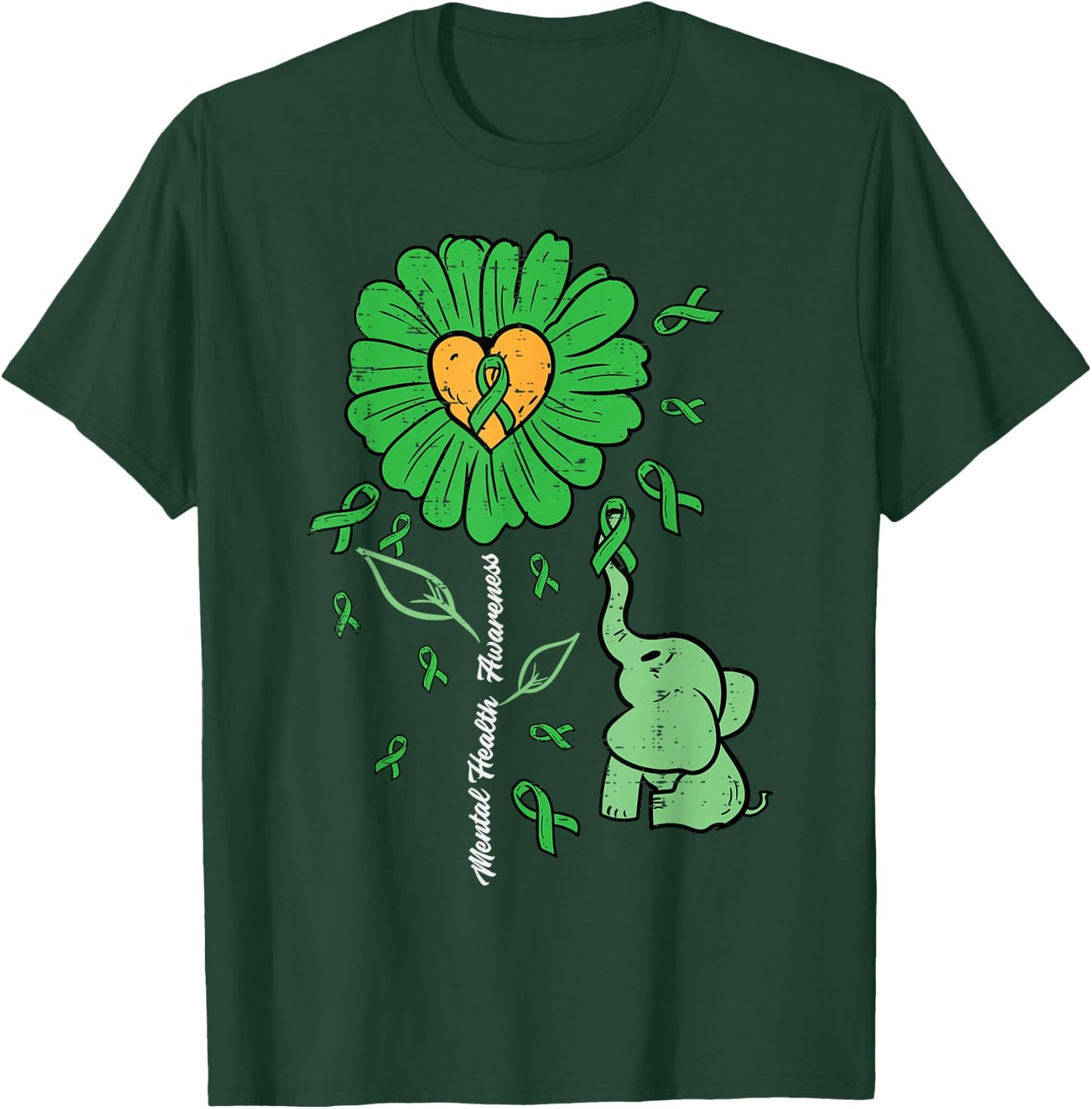 Mental Health Elephant Flower Ribbon Awareness Women Kids T-Shirt - T-Shirt | Forest