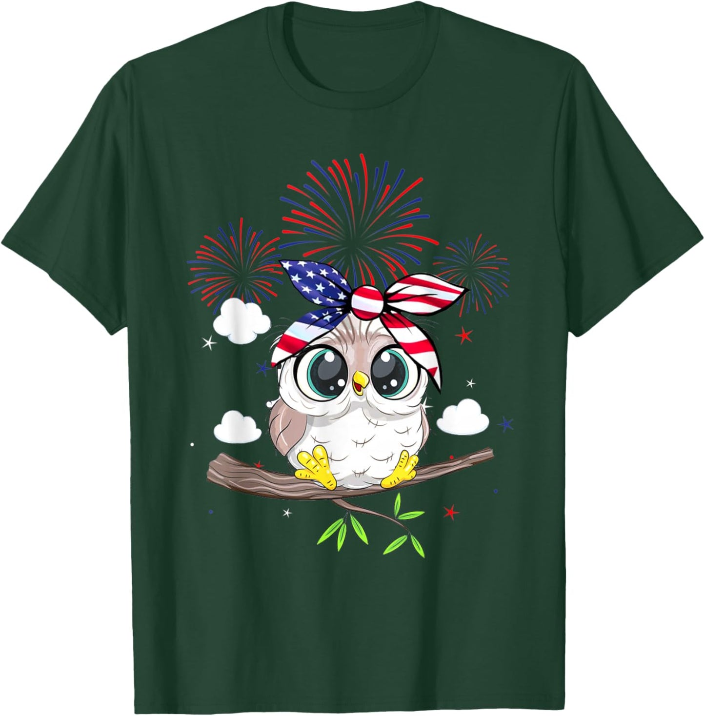 Snowy Owl Graphic Red White Blue Fireworks Decor 4th Of July Kids Men T-Shirt - T-Shirt | Forest