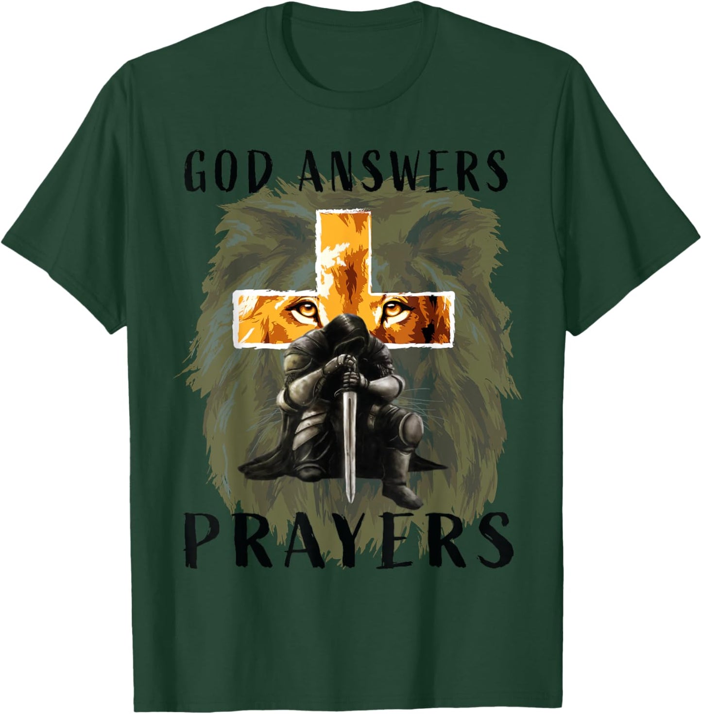 God Answers Prayers Warrior Men Christian Cross Lion Graphic T-Shirt - T-Shirt | Forest