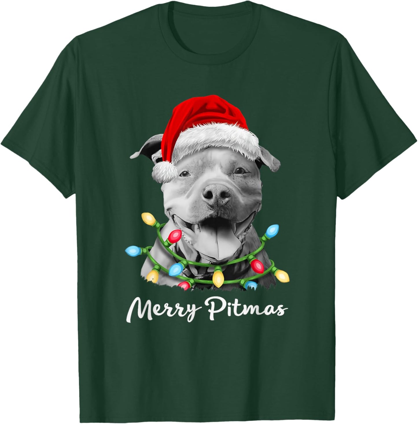 Pit Bull Santa Christmas Tree Lights Xmas Merry Pitmas T-Shirt - T-Shirt | Forest