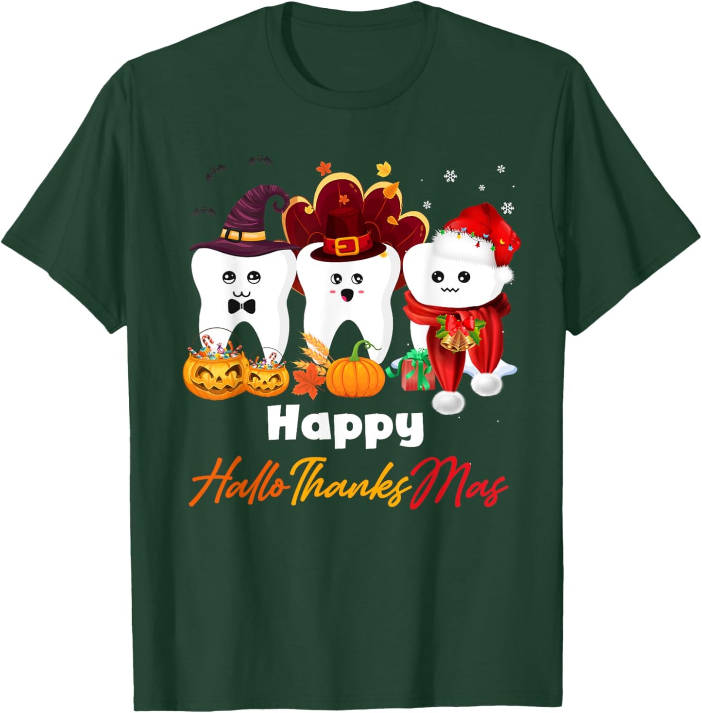 Teeth HalloThanksMas Halloween Thanksgiving Christmas Dental T-Shirt - T-Shirt | Forest