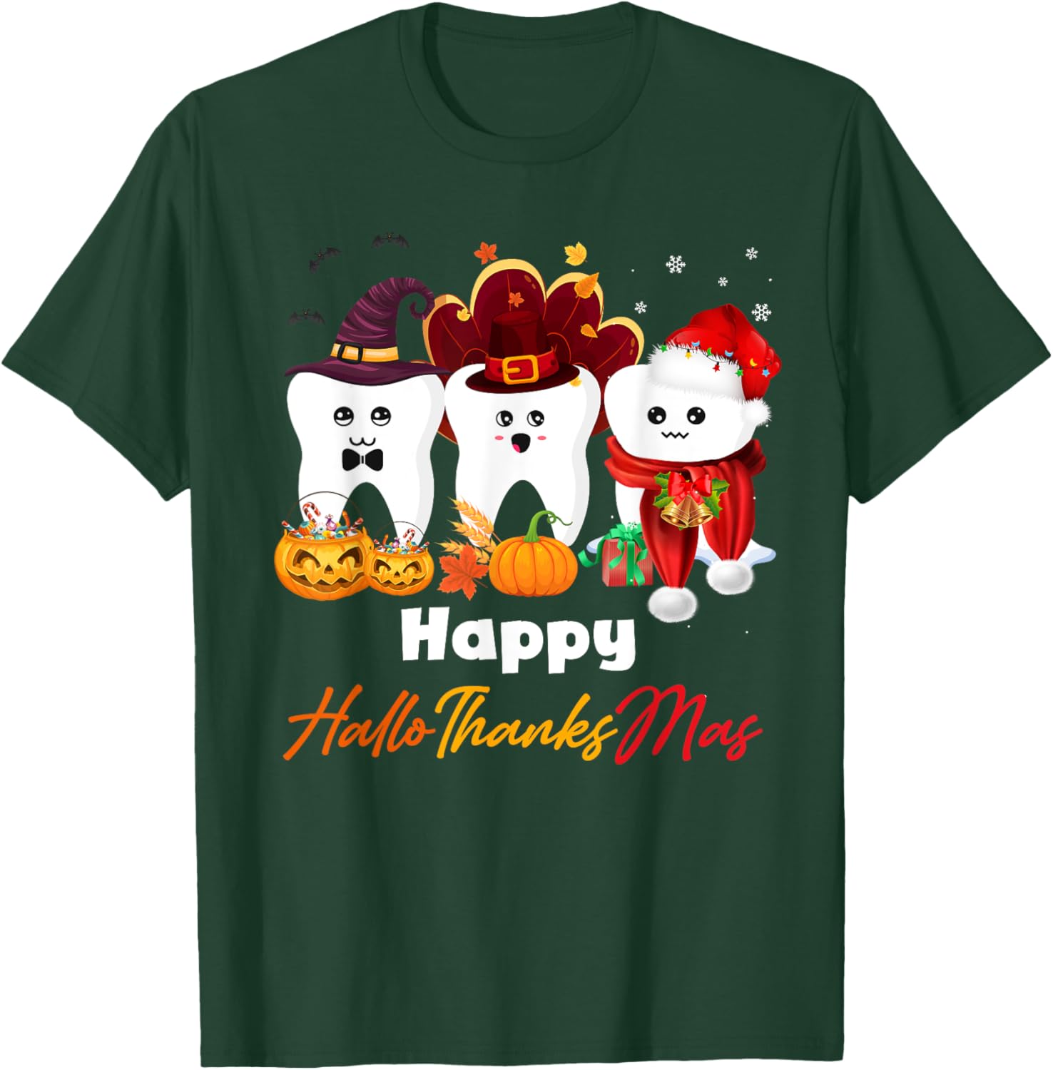 Teeth HalloThanksMas Halloween Thanksgiving Christmas Dental T-Shirt - T-Shirt | Forest