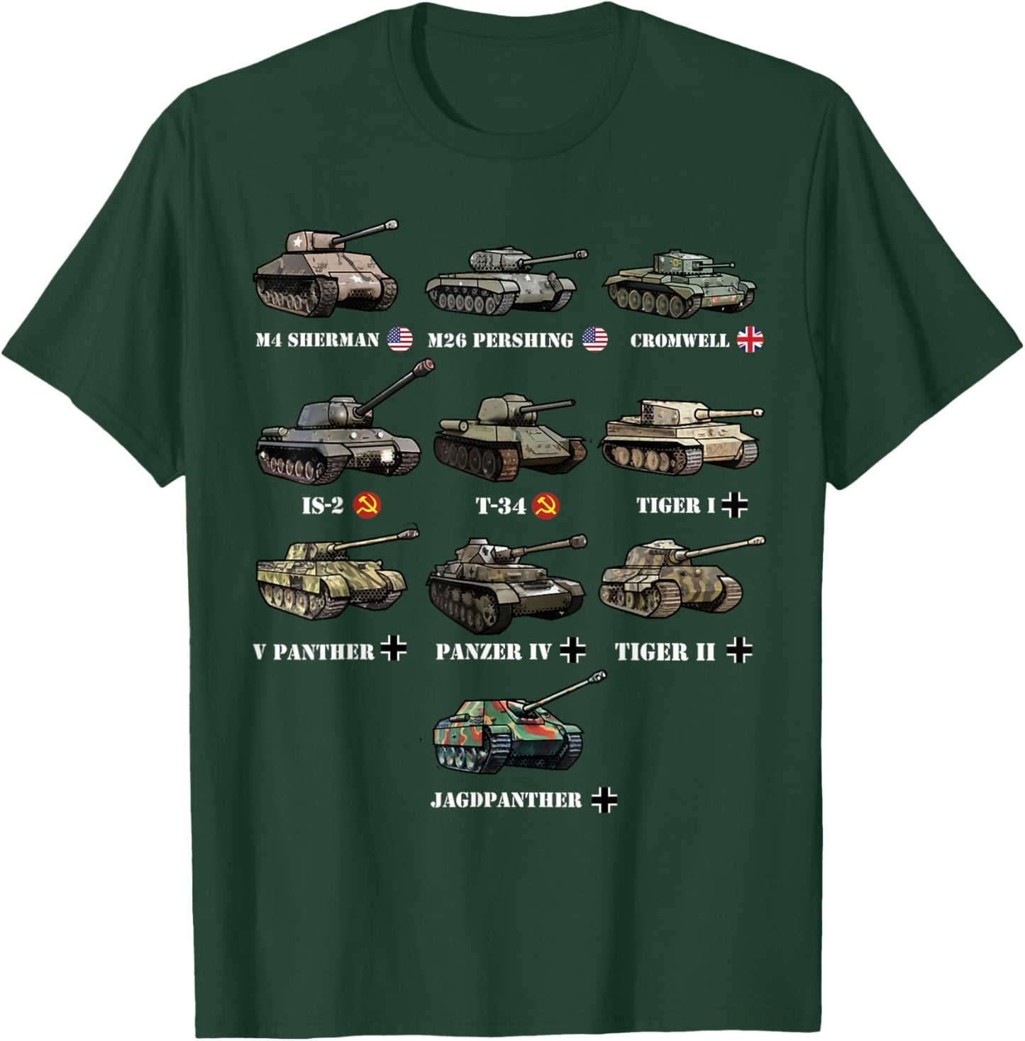 WW2 Tanks M4 Sherman Panzer IV Tiger II T-34 History Buff T-Shirt - T-Shirt | Forest