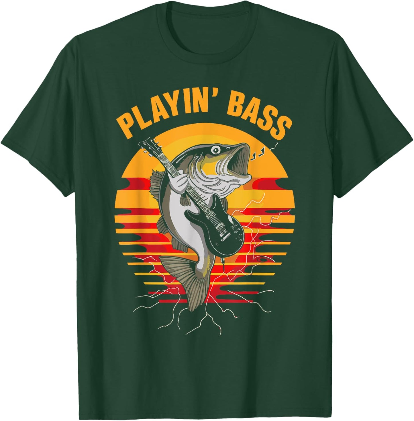 Playin' Bass - Fun Fishing Guitar and Music Retro T-Shirt - T-Shirt | Forest