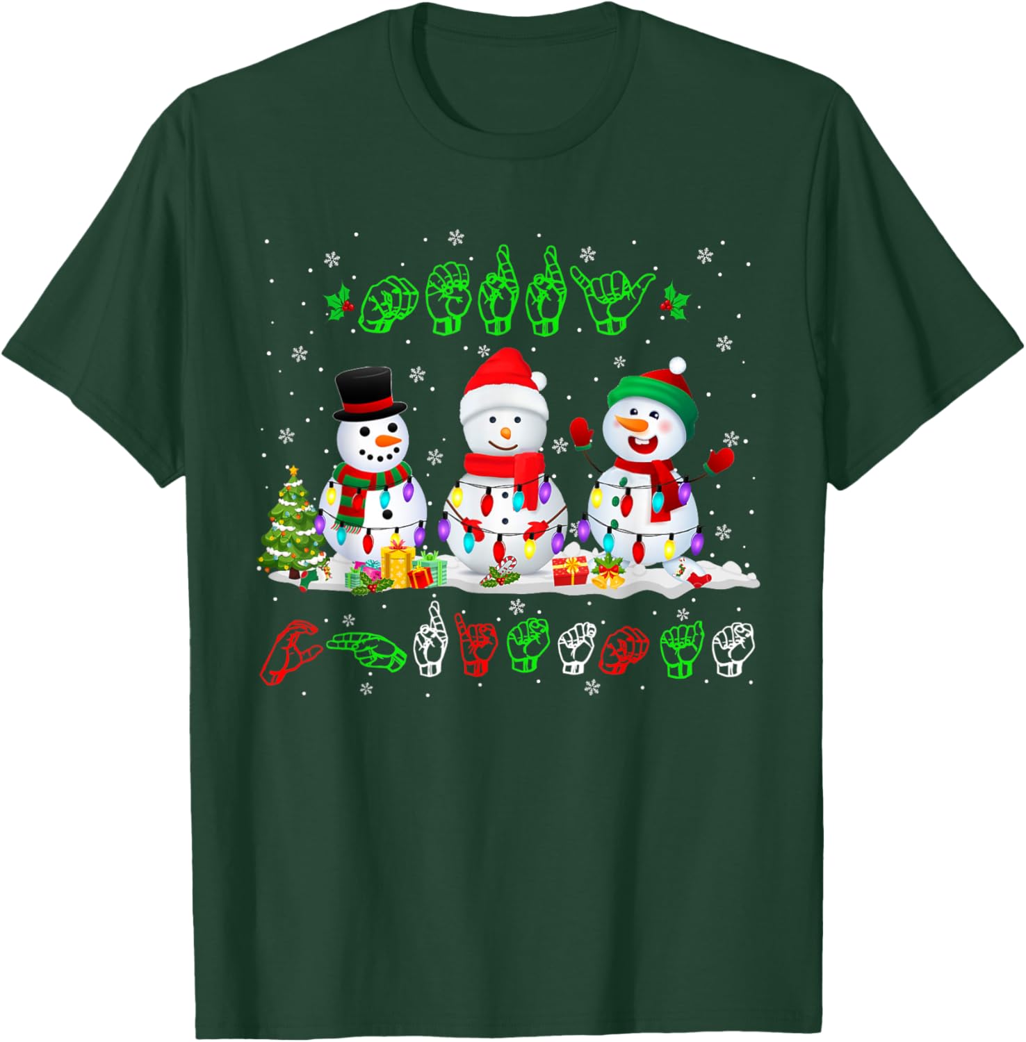 Christmas Lights Merry Christmas Snowman ASL Sign Language T-Shirt - T-Shirt | Forest