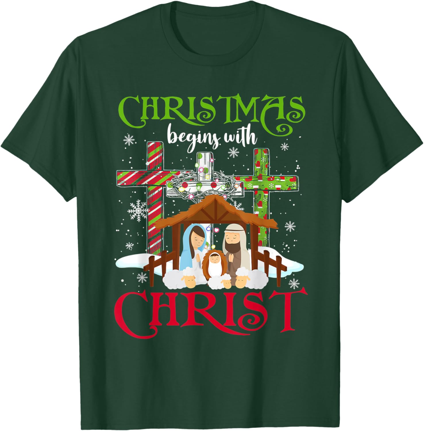 Christmas Begins With Christ Snowman Christian Cross Xmas T-Shirt - T-Shirt | Forest