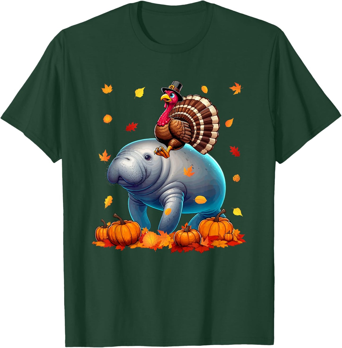 Turkey Riding Manatee Thanksgiving Fall Leaves Pumpkins T-Shirt - T-Shirt | Forest