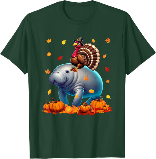 Turkey Riding Manatee Thanksgiving Fall Leaves Pumpkins T-Shirt - T-Shirt | Forest