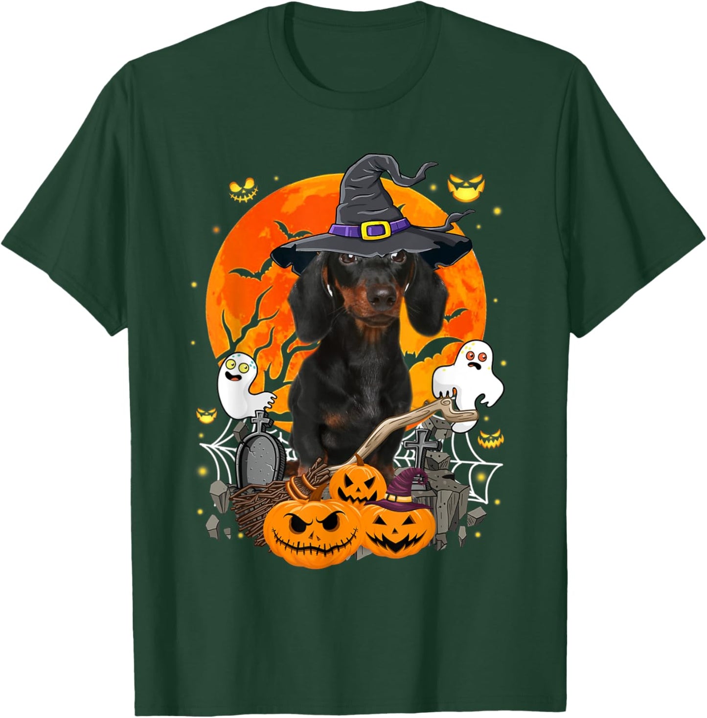 Witchy Dachshund Dog Moon Ghosts Pumpkins Halloween Costume Men Women Kids T-Shirt - T-Shirt | Forest