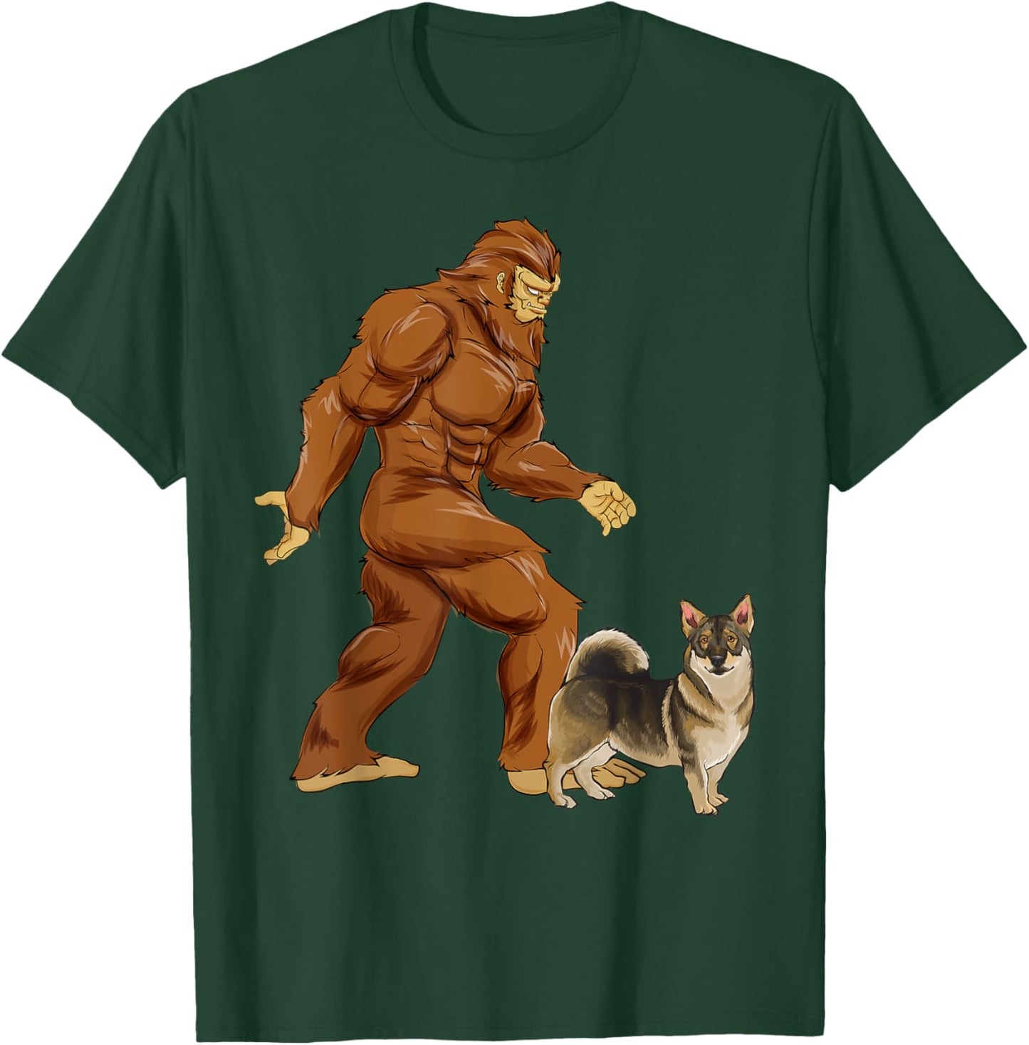 Funny Bigfoot Walking Swedish Vallhund Sasquatch Dog Men Women Kids T-Shirt - T-Shirt | Forest