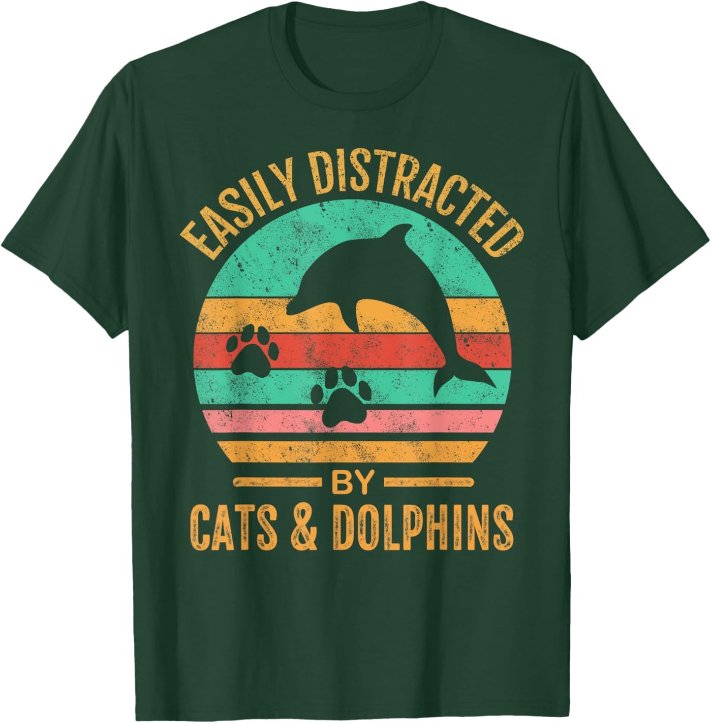 Easily Distracted By Cats & Dolphins Retro Funny T-Shirt - T-Shirt | Forest