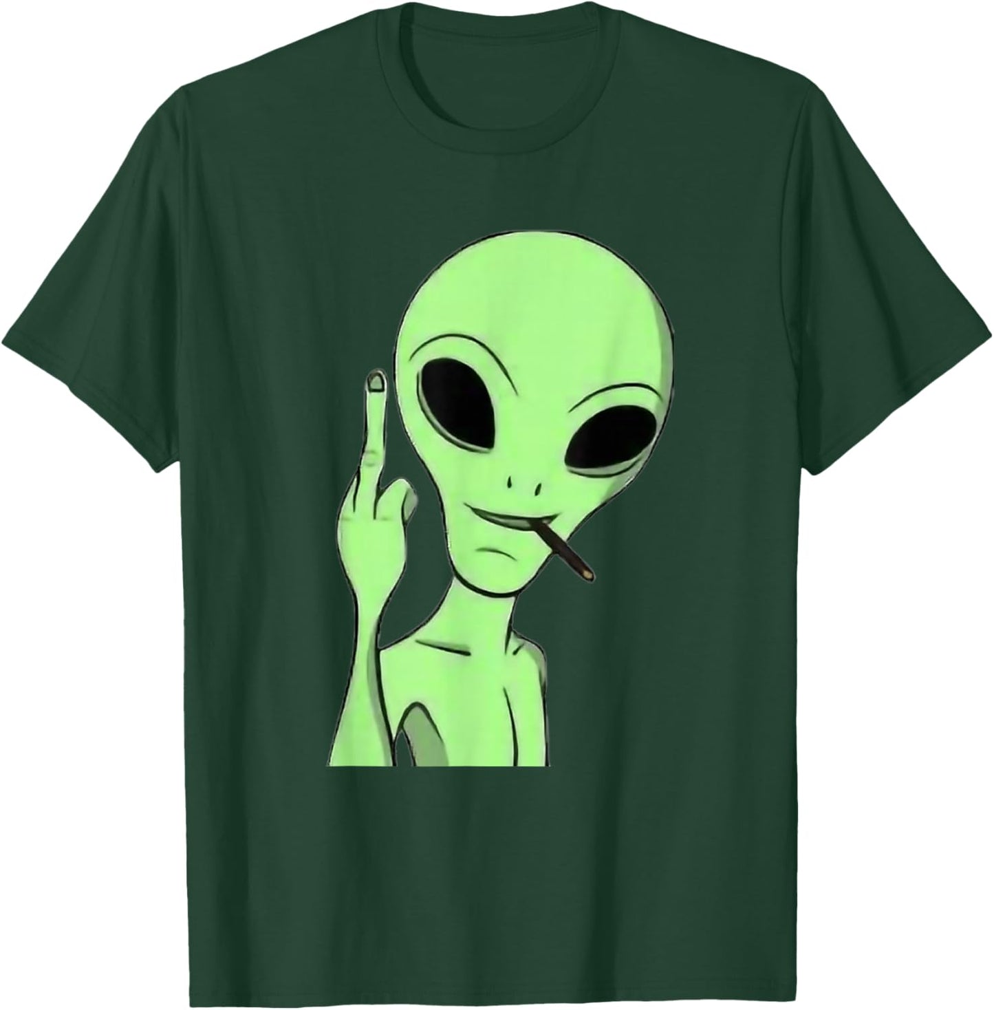 Martian Alien Smoking Blunt Flipping Middle Finger Art T-Shirt - T-Shirt | Forest
