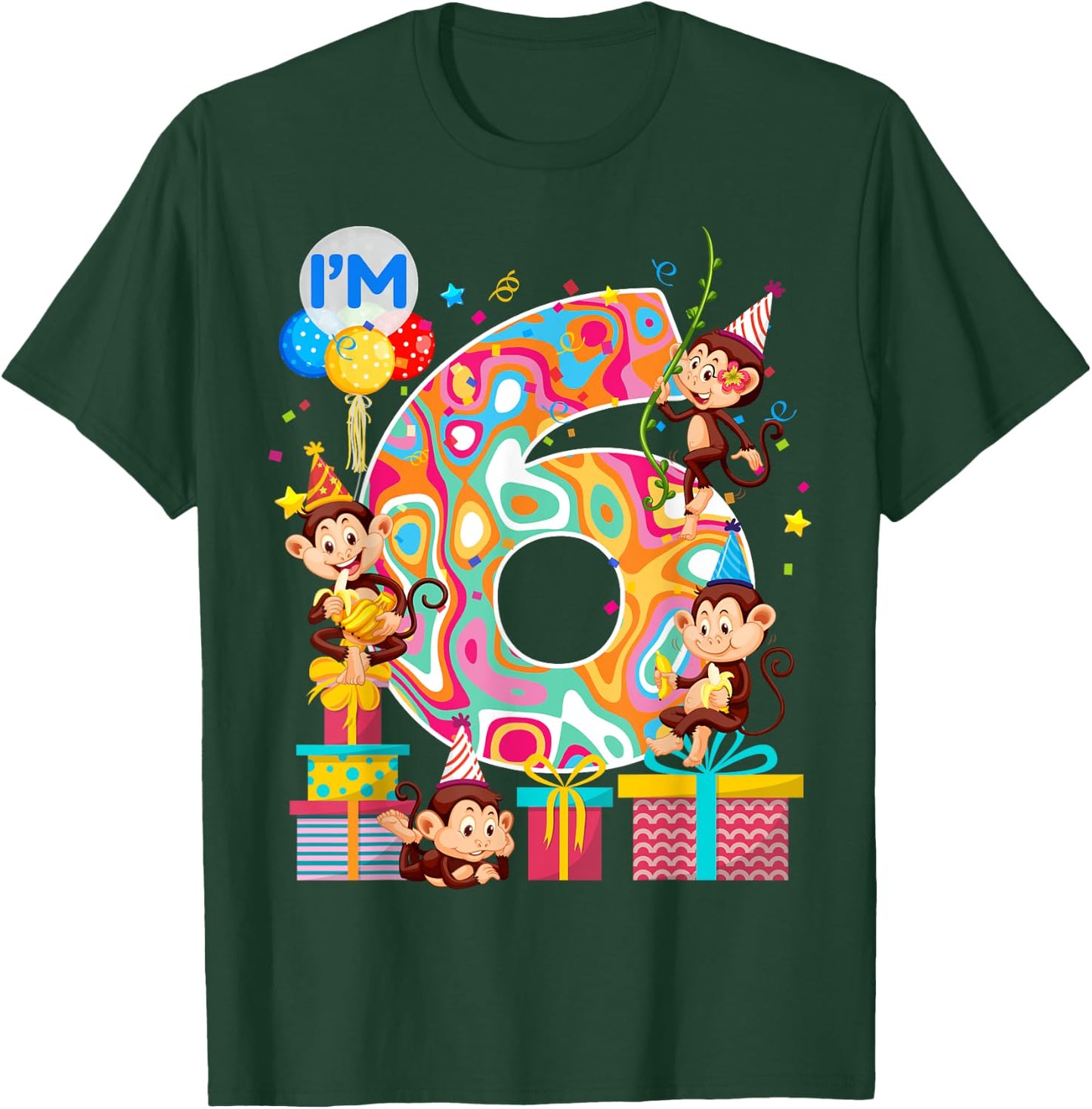 6th B-Day Monkey Birthday Zoo Animal 6 Year Old Funny T-Shirt - T-Shirt | Forest