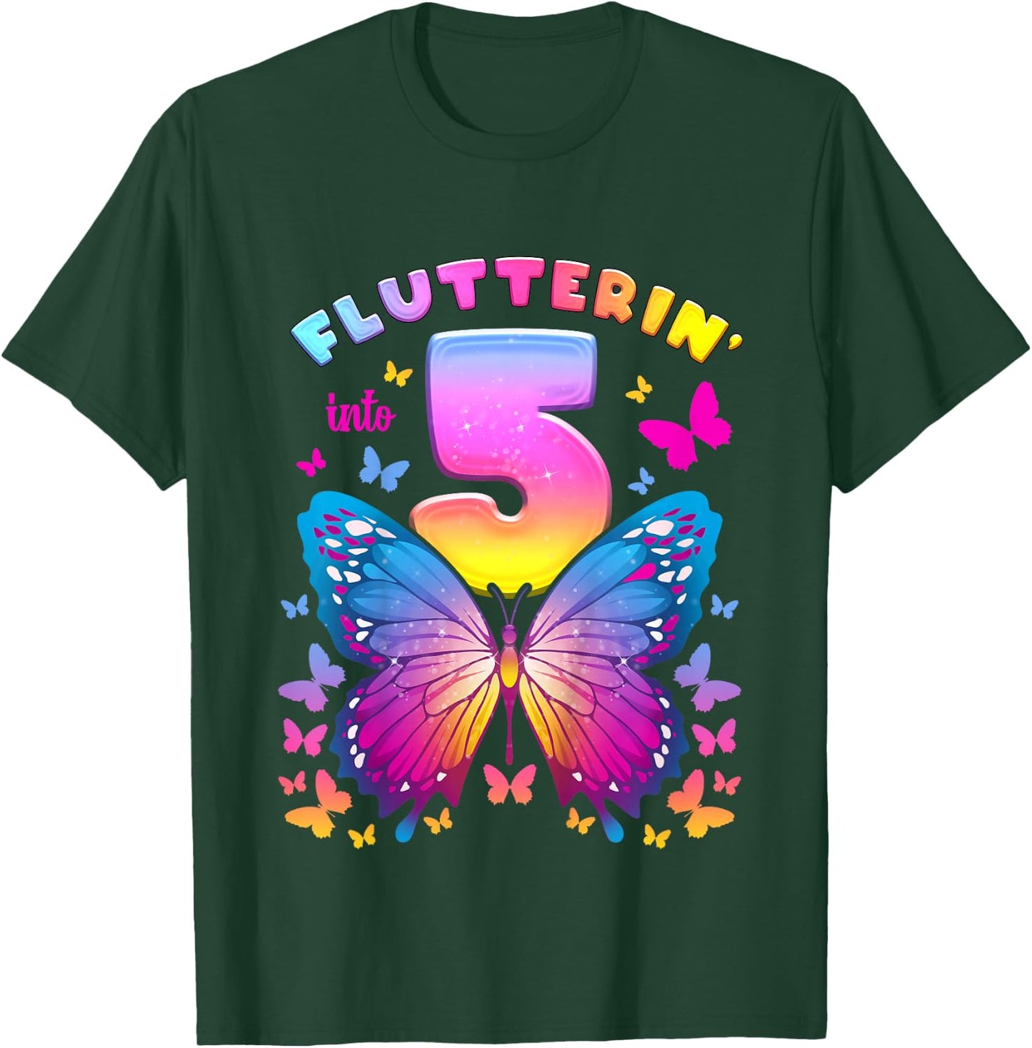 5th Birthday Girl 5 Years Butterfly Number 5 T-Shirt - T-Shirt | Forest