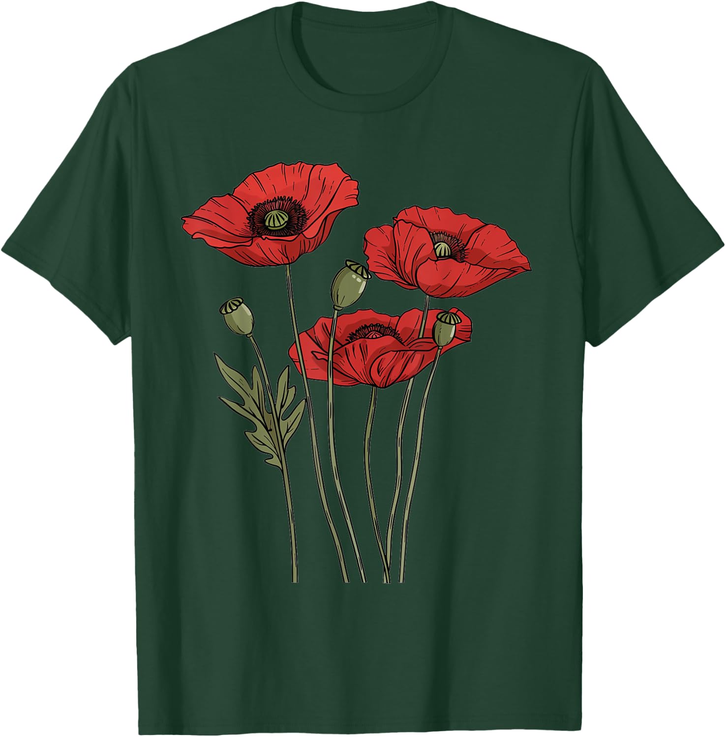 Poppy Flower Botanical Vintage Poppies Floral T-Shirt - T-Shirt | Forest