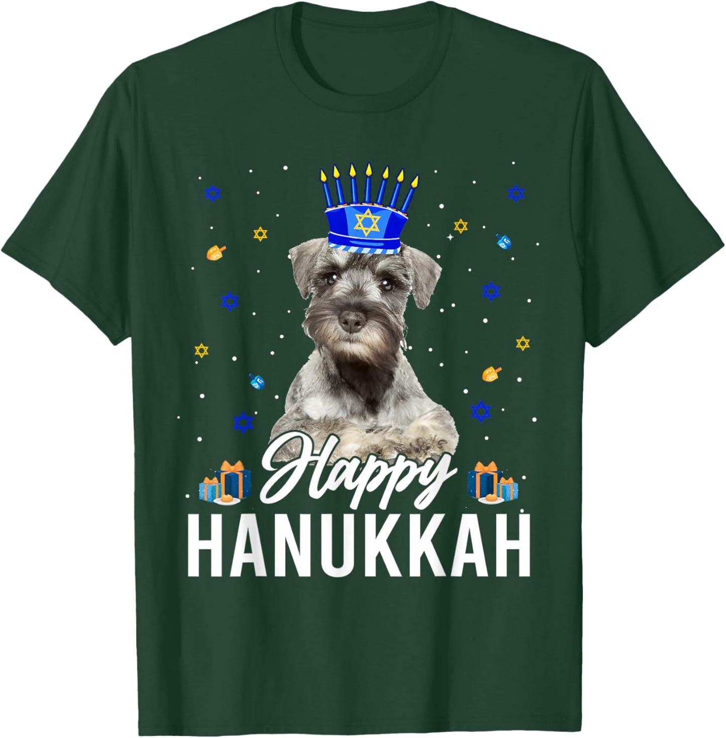 Happy Hanukkah Miniature Schnauzer Menorah Hat Jewish Xmas T-Shirt - T-Shirt | Forest