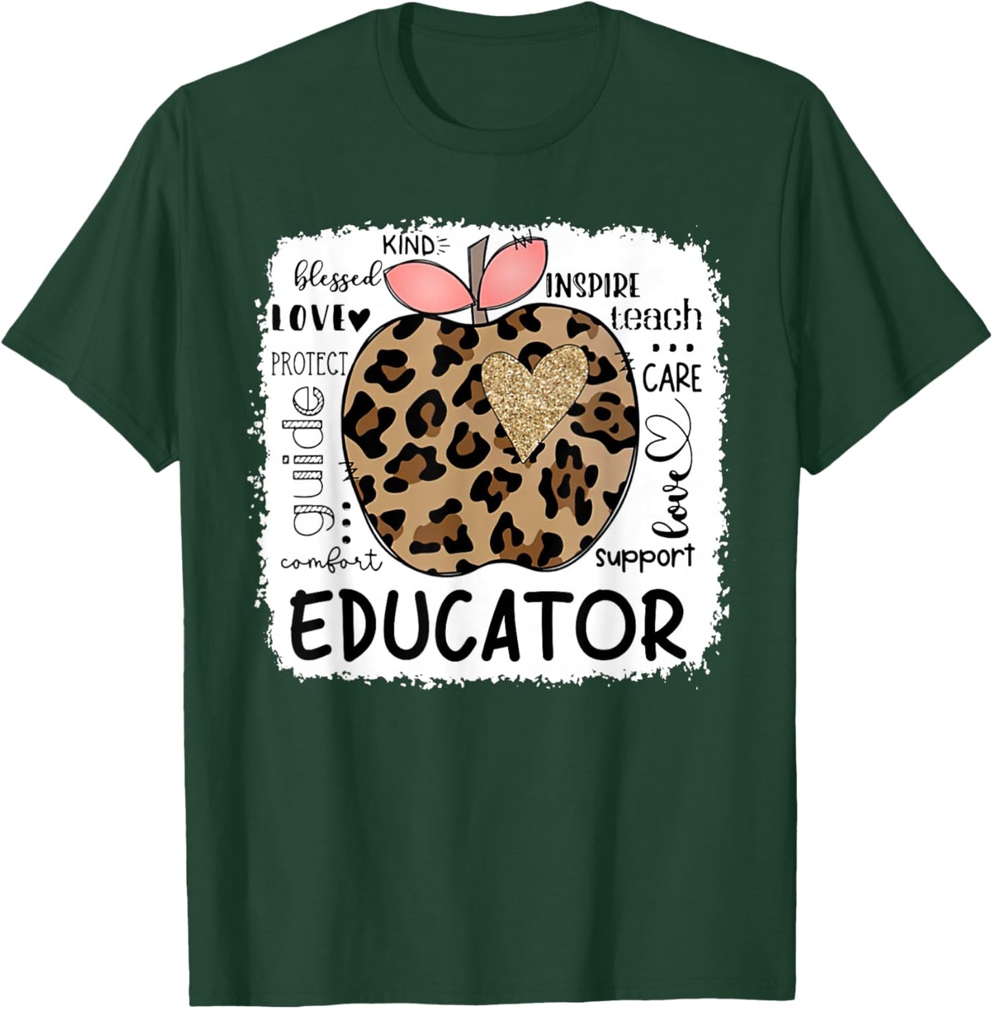 Educator Kind Blessed Teach Inspire Love Leopard Apple T-Shirt - T-Shirt | Forest