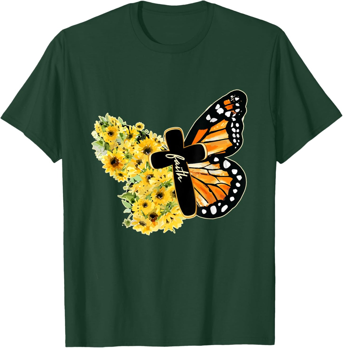 Faith Cross Sunflower Butterfly Christian Vintage T-Shirt - T-Shirt | Forest