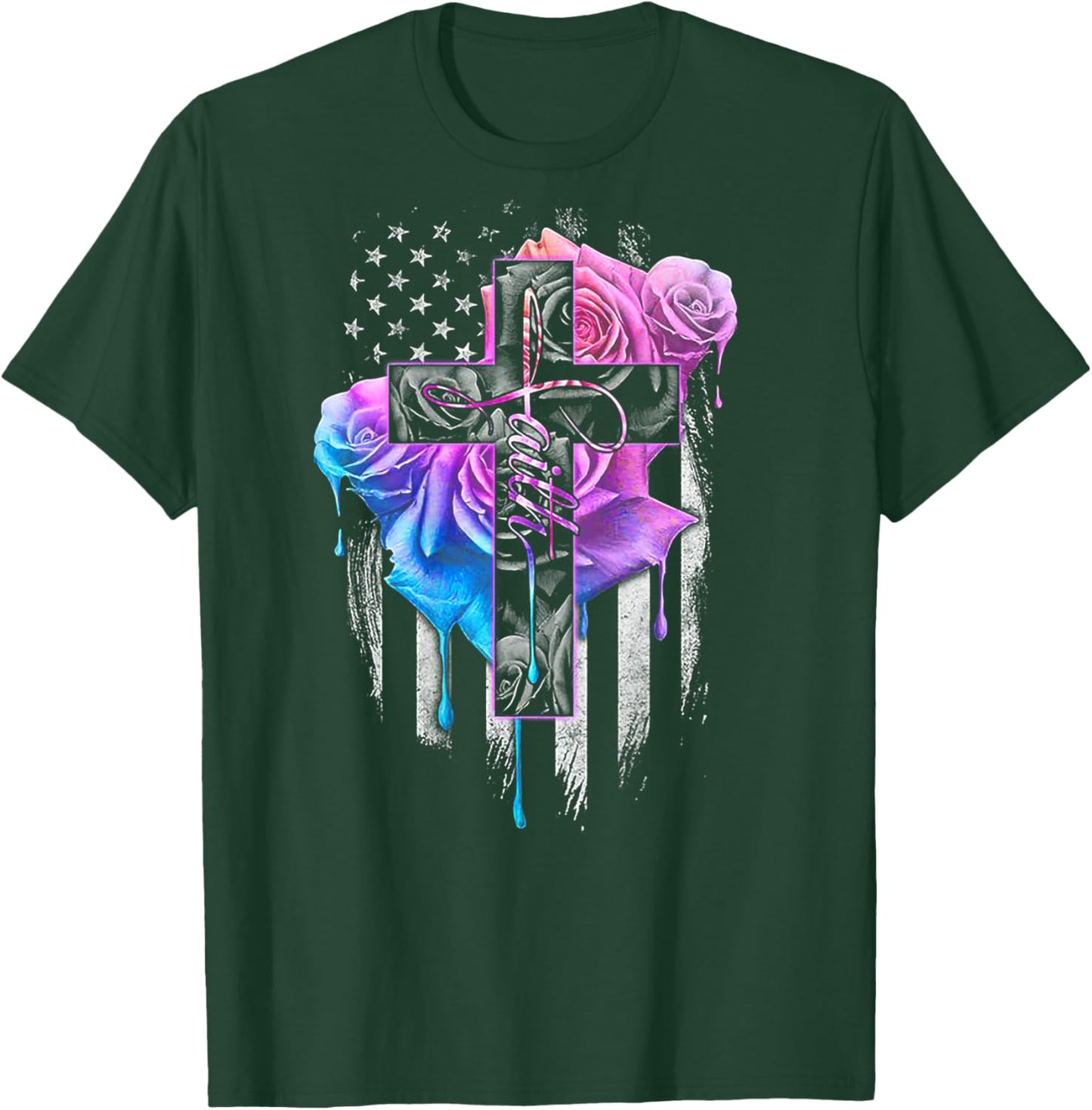 Faith Rose Watercolor Cross (on back) T-Shirt - T-Shirt | Forest