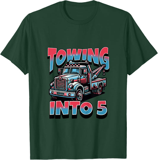 Kids Tow Truck Wrecker Towing Into 5 Year Old 5th Birthday Boy T-Shirt - T-Shirt | Forest