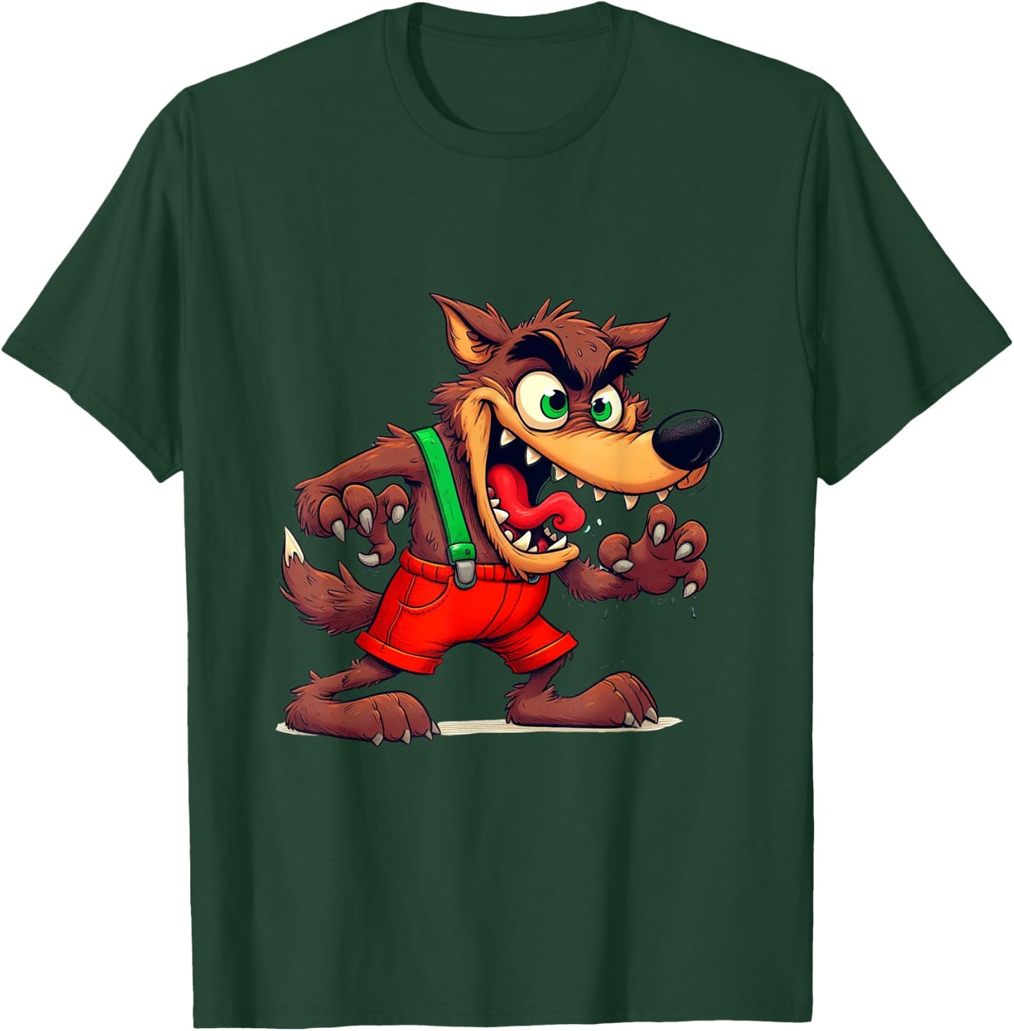 Bad Wolf in a costume with 3 Pigs on the back by houses T-Shirt - T-Shirt | Forest