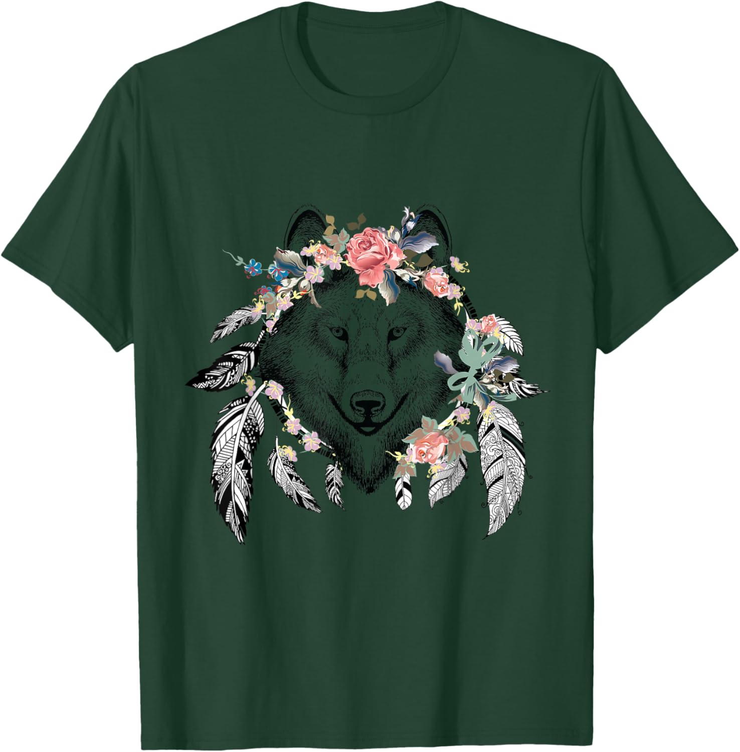 Ethnic Tribal Wolf Head Boho Feather Native American Hippie T-Shirt - T-Shirt | Forest