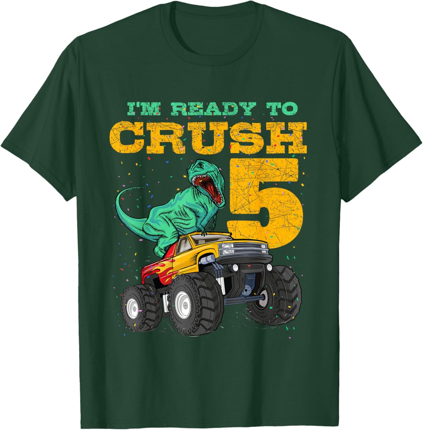 5th Birthday Monster Truck Dino 5 Years Old Bday T-Shirt - T-Shirt | Forest