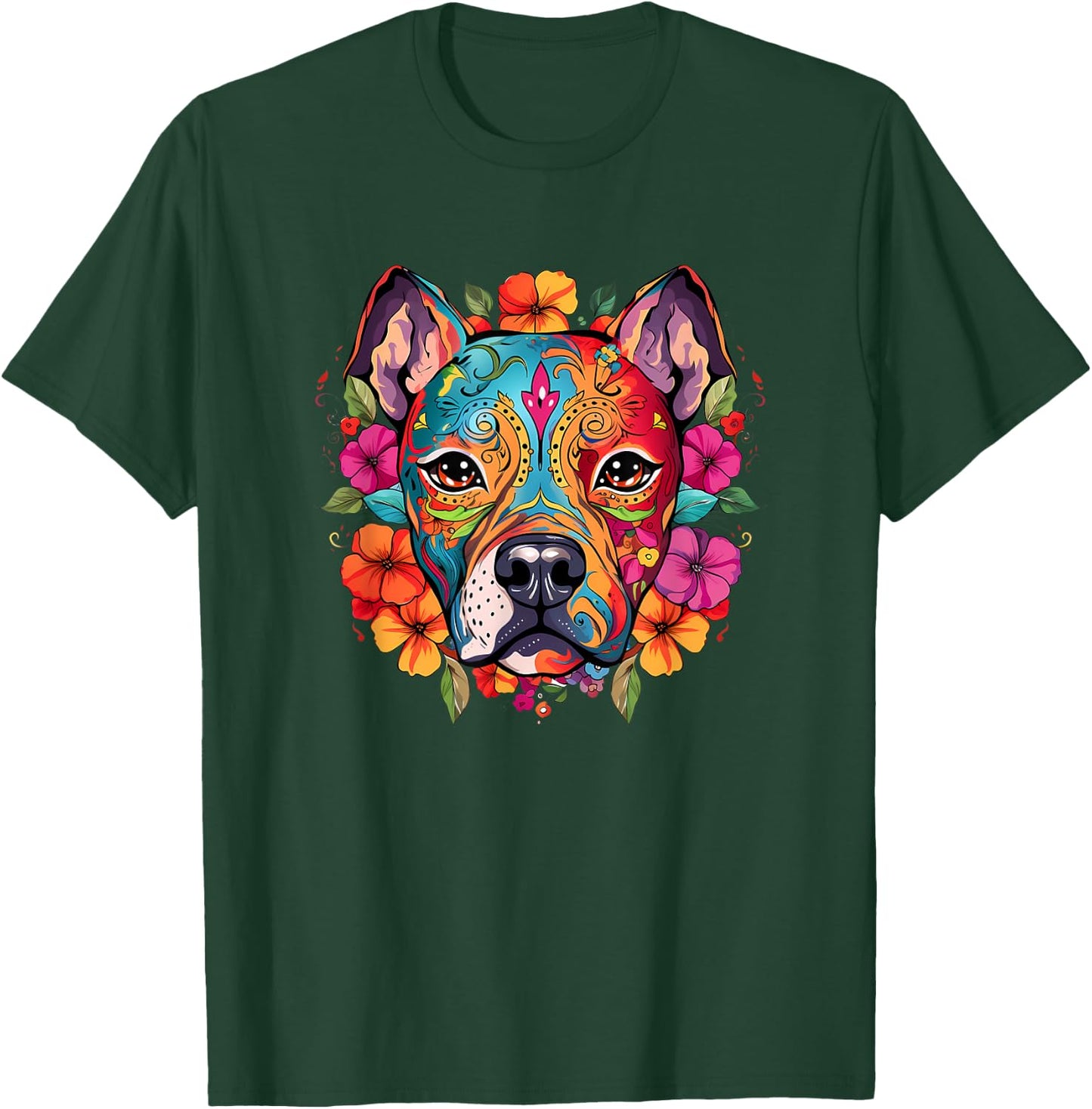 Halloween, Pit Bull, Sugar Skull, Funny, Dogs, Flowers T-Shirt - T-Shirt | Forest