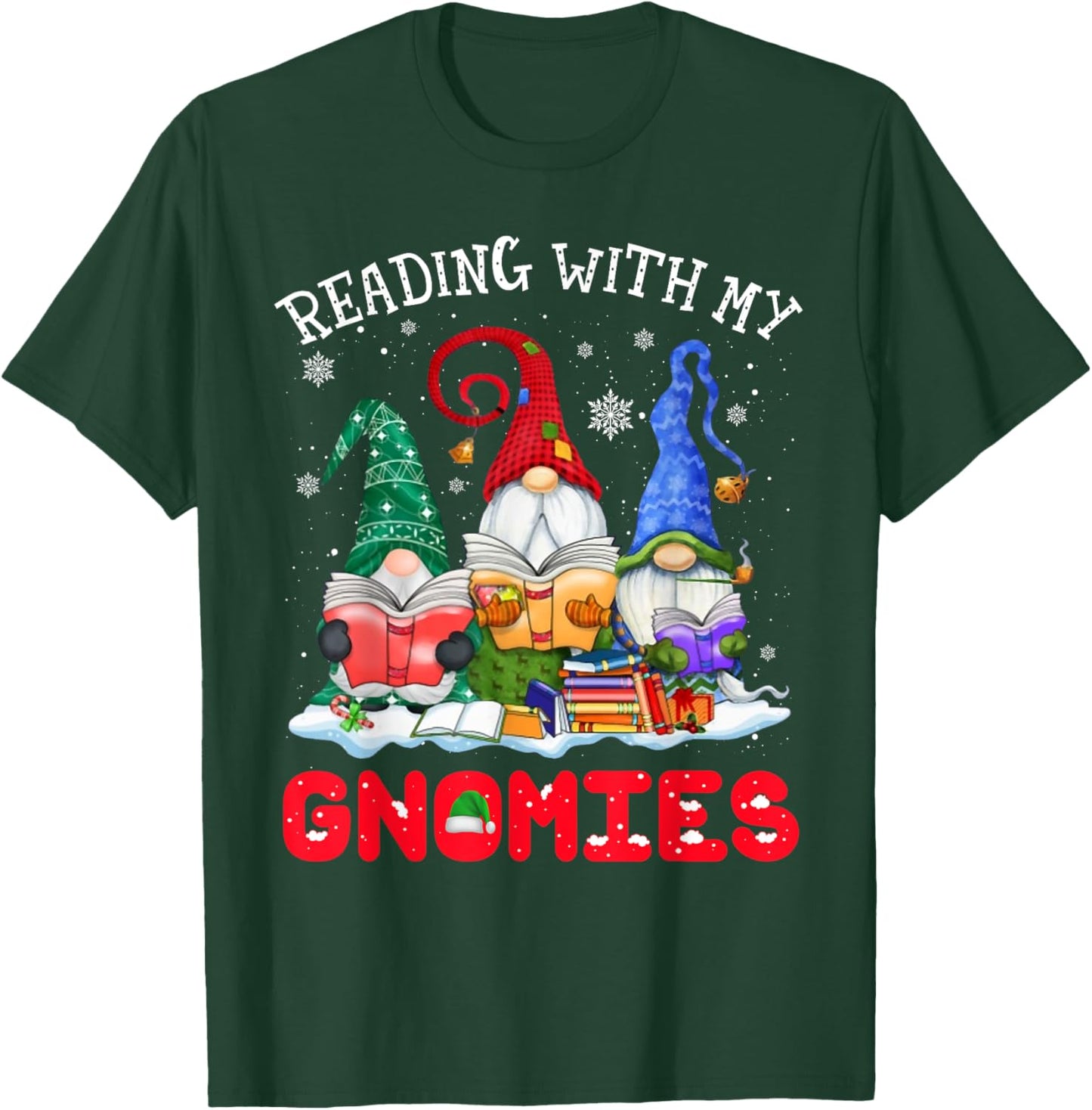 Reading With My Gnomies Christmas Funny Gnomes Reading Books T-Shirt - T-Shirt | Forest