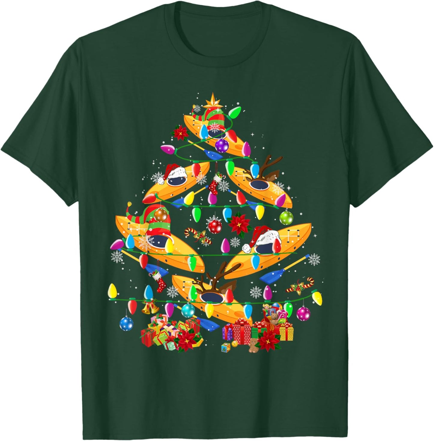 Kayak Boat Christmas Tree Funny Light Santa Kayak Boat T-Shirt - T-Shirt | Forest