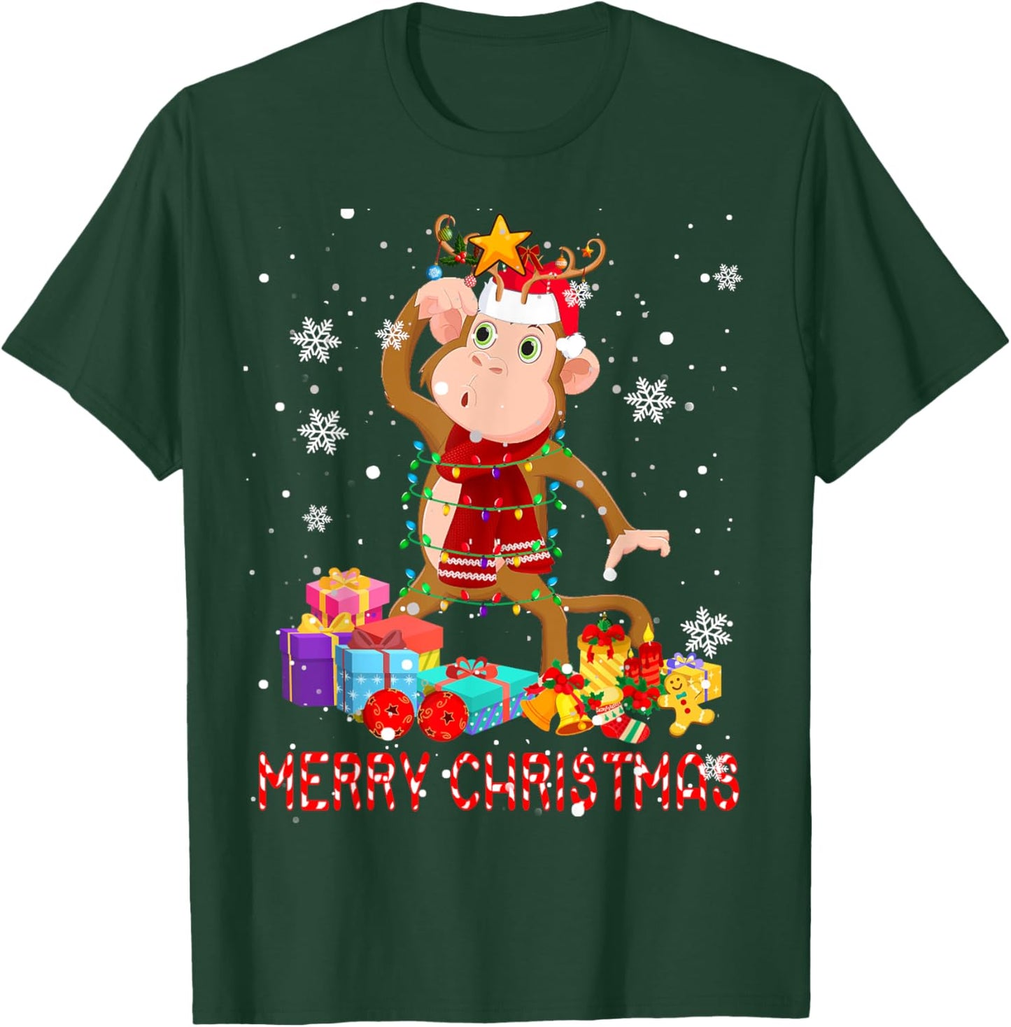 Merry Christmas Cute Christmas Lights Santa Reindeer Monkey T-Shirt - T-Shirt | Forest