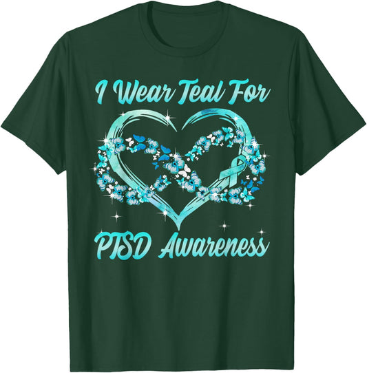 I Wear Teal for PTSD Awareness Heart Butterfly T-Shirt - T-Shirt | Forest