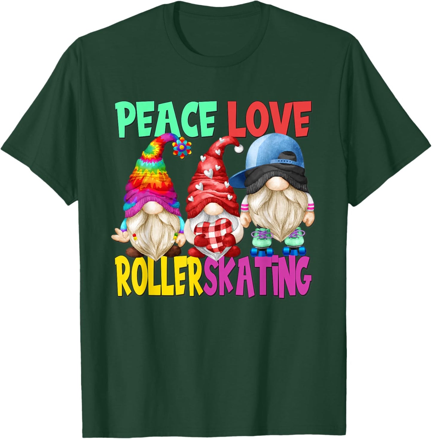Peace Love Roller Skating Gnome For Rollerskating Party T-Shirt - T-Shirt | Forest