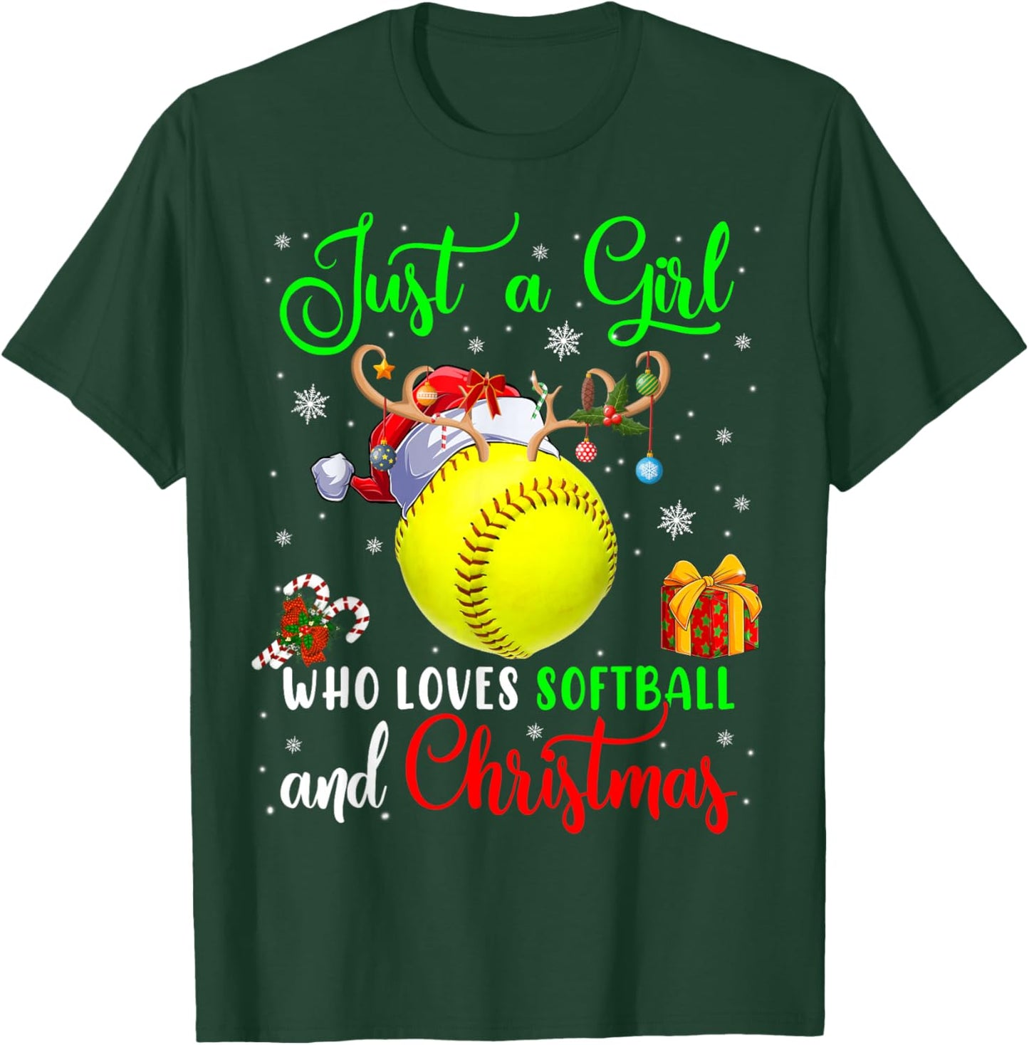 Just A Girl Who Loves Softball And Christmas Santa Reindeer T-Shirt - T-Shirt | Forest