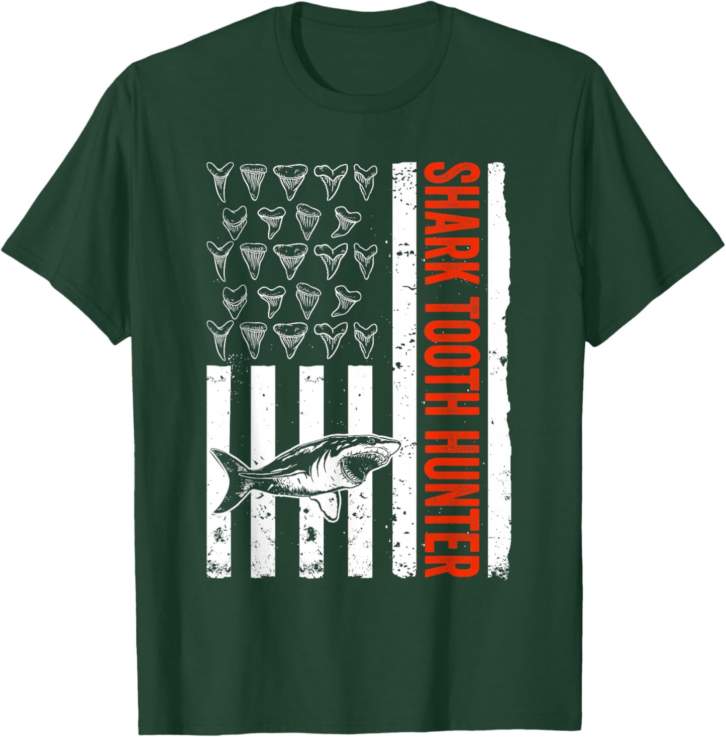 Shark Teeth Collecting US Flag Shark Tooth Hunter T-Shirt - T-Shirt | Forest