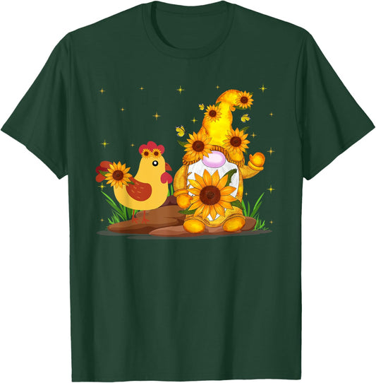 Cute Gnome And Chicken Sunflower Funny Gnome Chicken Farmer T-Shirt - T-Shirt | Forest