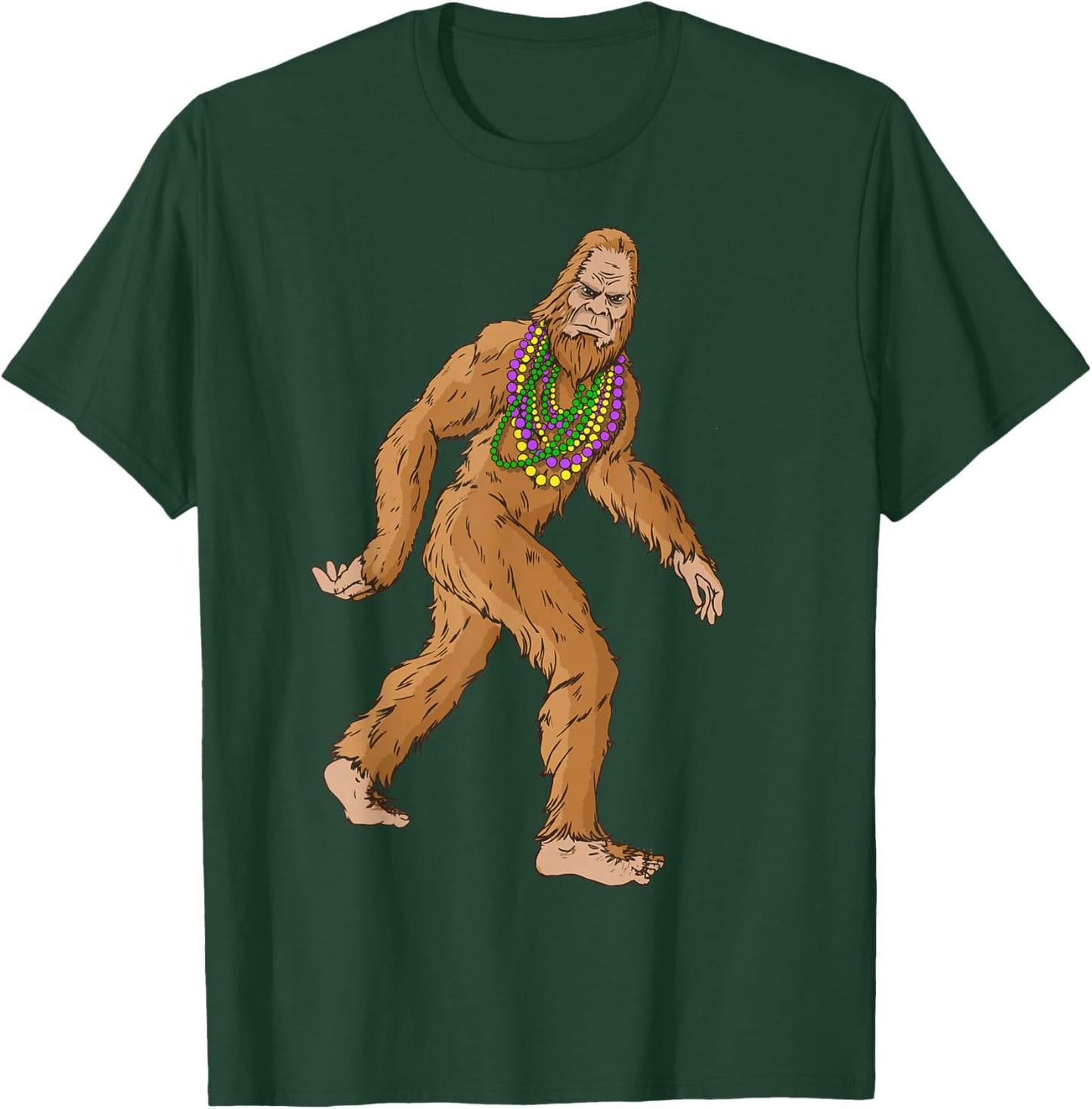 Mardi Gras Bigfoot With Beads Necklace Beads Fat Tuesday T-Shirt - T-Shirt | Forest