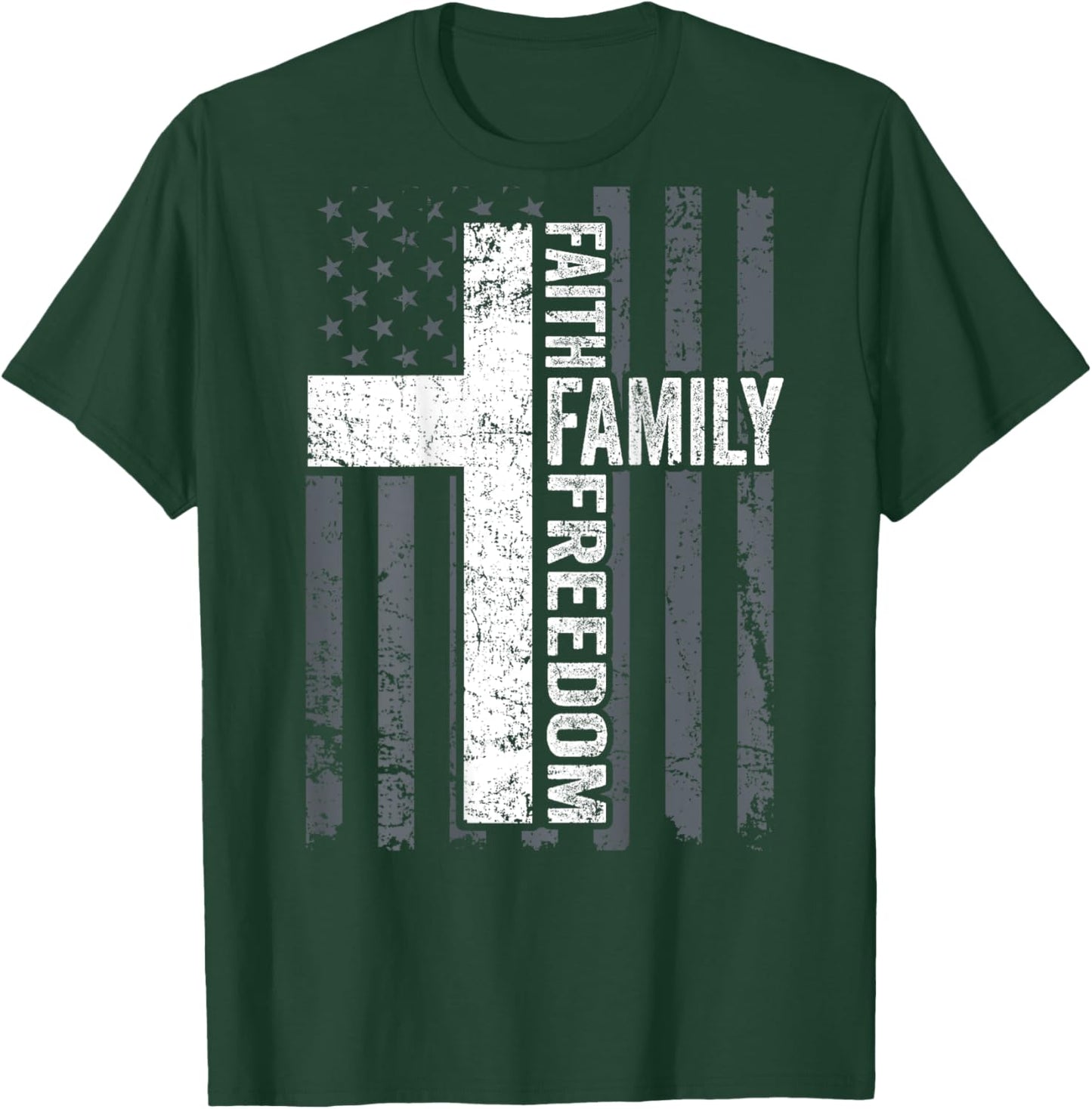 Faith Family & Freedom - Christian USA Cross Flag -ON Back T-Shirt - T-Shirt | Forest