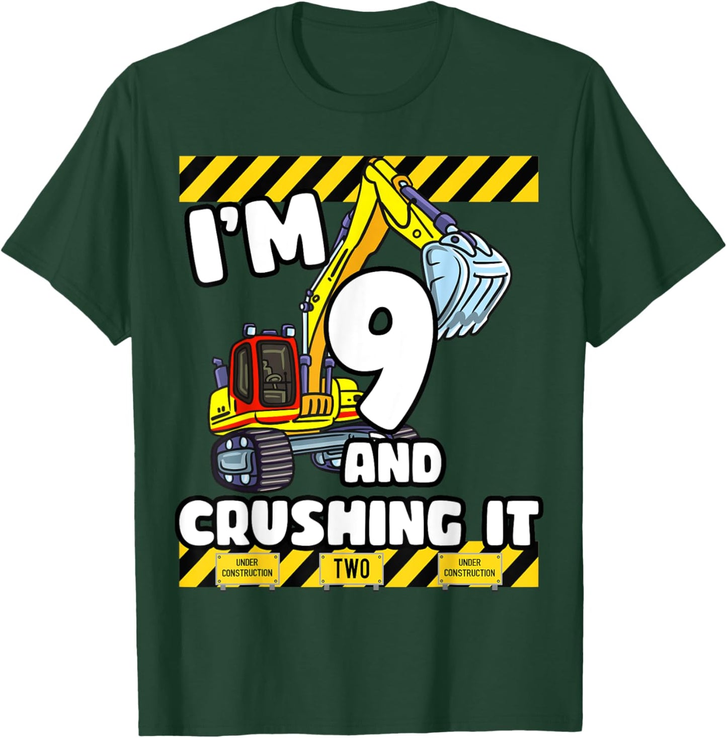 9 Years Old Birthday 9th Construction Party Truck Digger T-Shirt - T-Shirt | Forest
