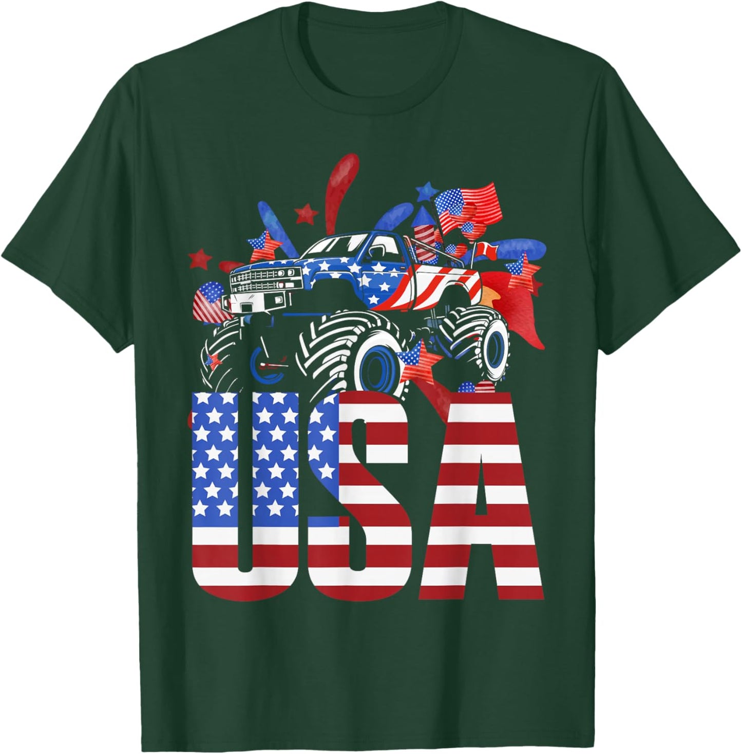 Monster Truck Toddler Boys USA American Flag July 4th Small T-Shirt - T-Shirt | Forest