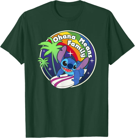 Disney Lilo & Stitch Rainbow Surf Stitch Ohana Means Family T-Shirt - T-Shirt | Forest