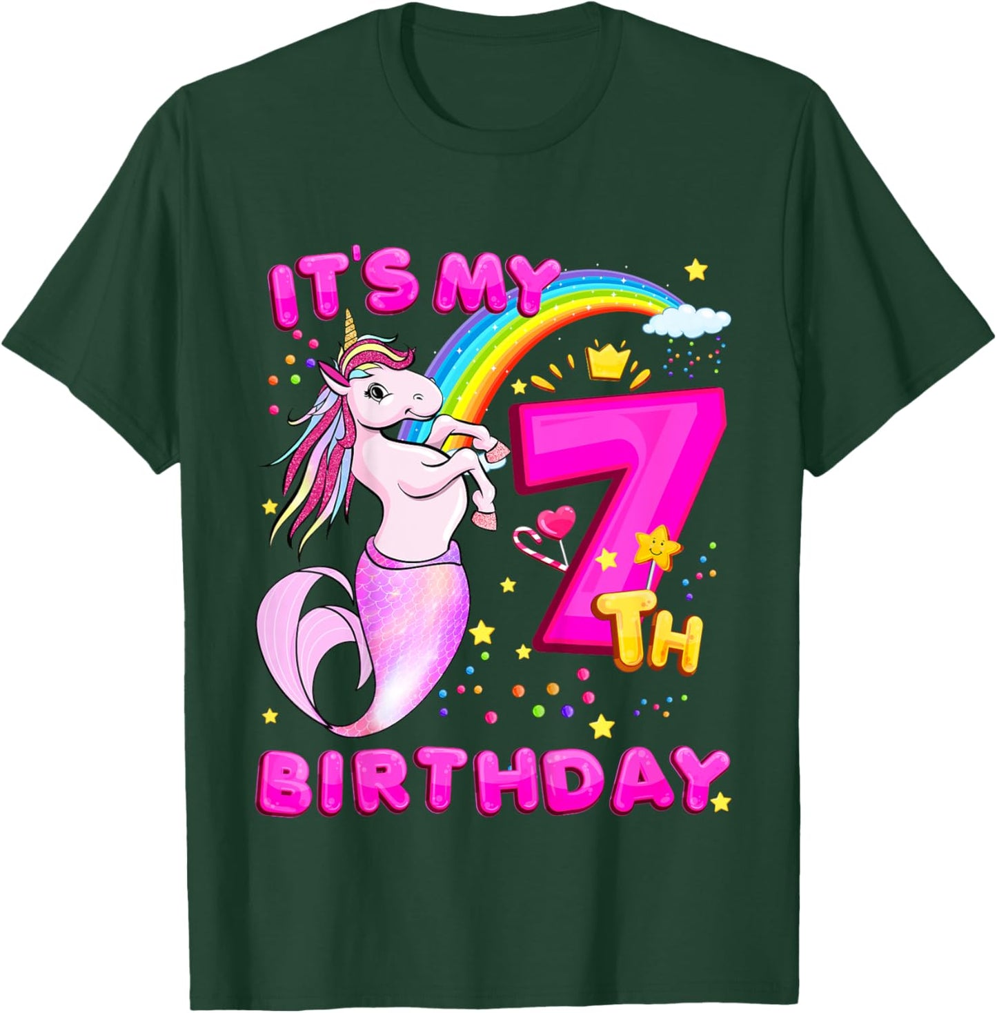 7th Birthday Unicorn Mermaid Girls 7 Years Old Mermicorn T-Shirt - T-Shirt | Forest