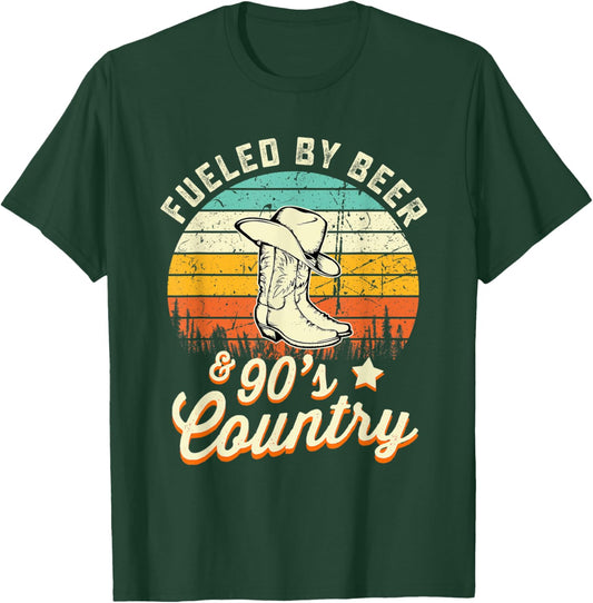 Fueled By Beer and 90s Country Funny Vintage Sunset T-Shirt - T-Shirt | Forest