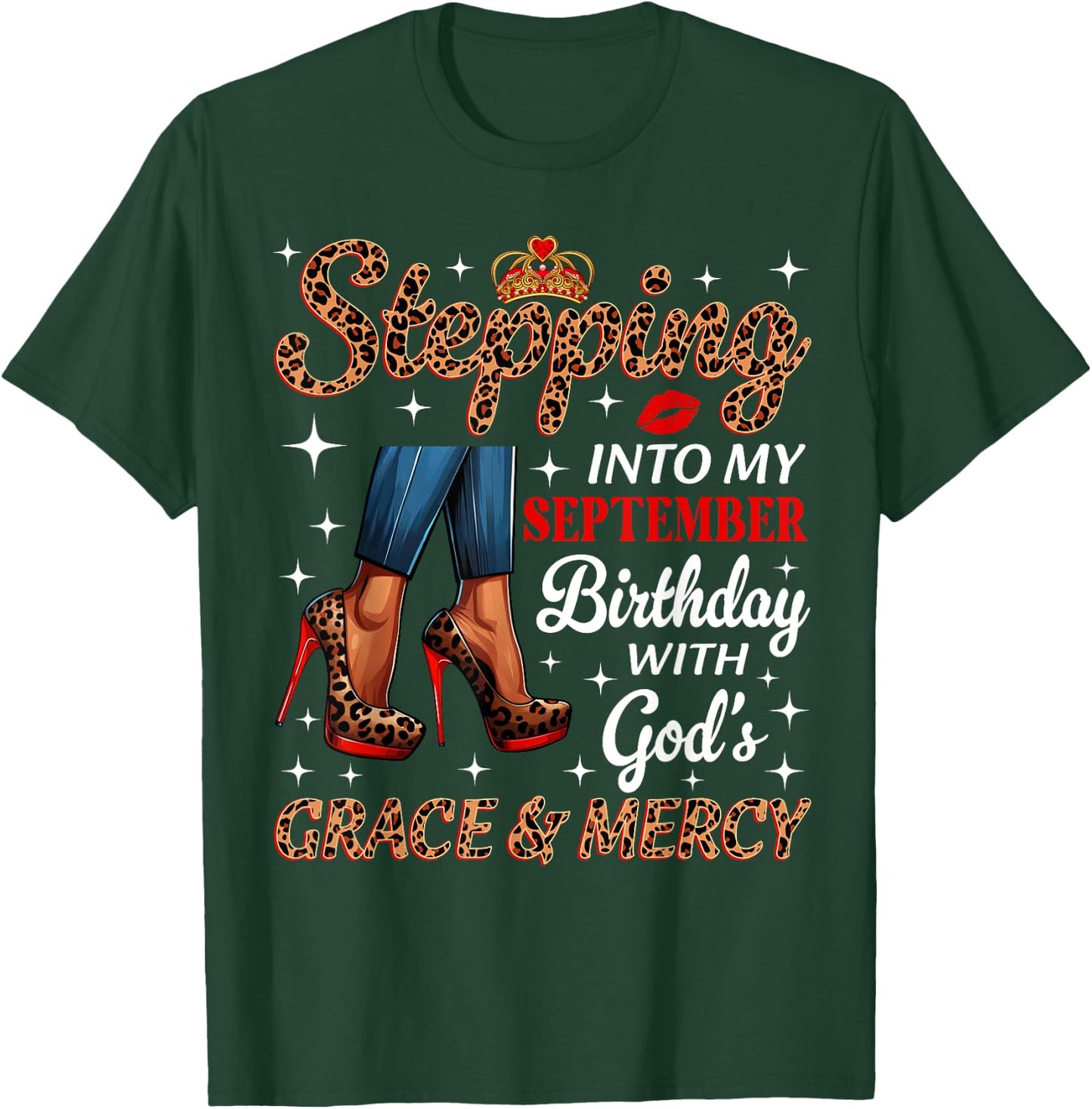 Stepping Into My September Birthday Afro Woman Leopard Heels T-Shirt - T-Shirt | Forest