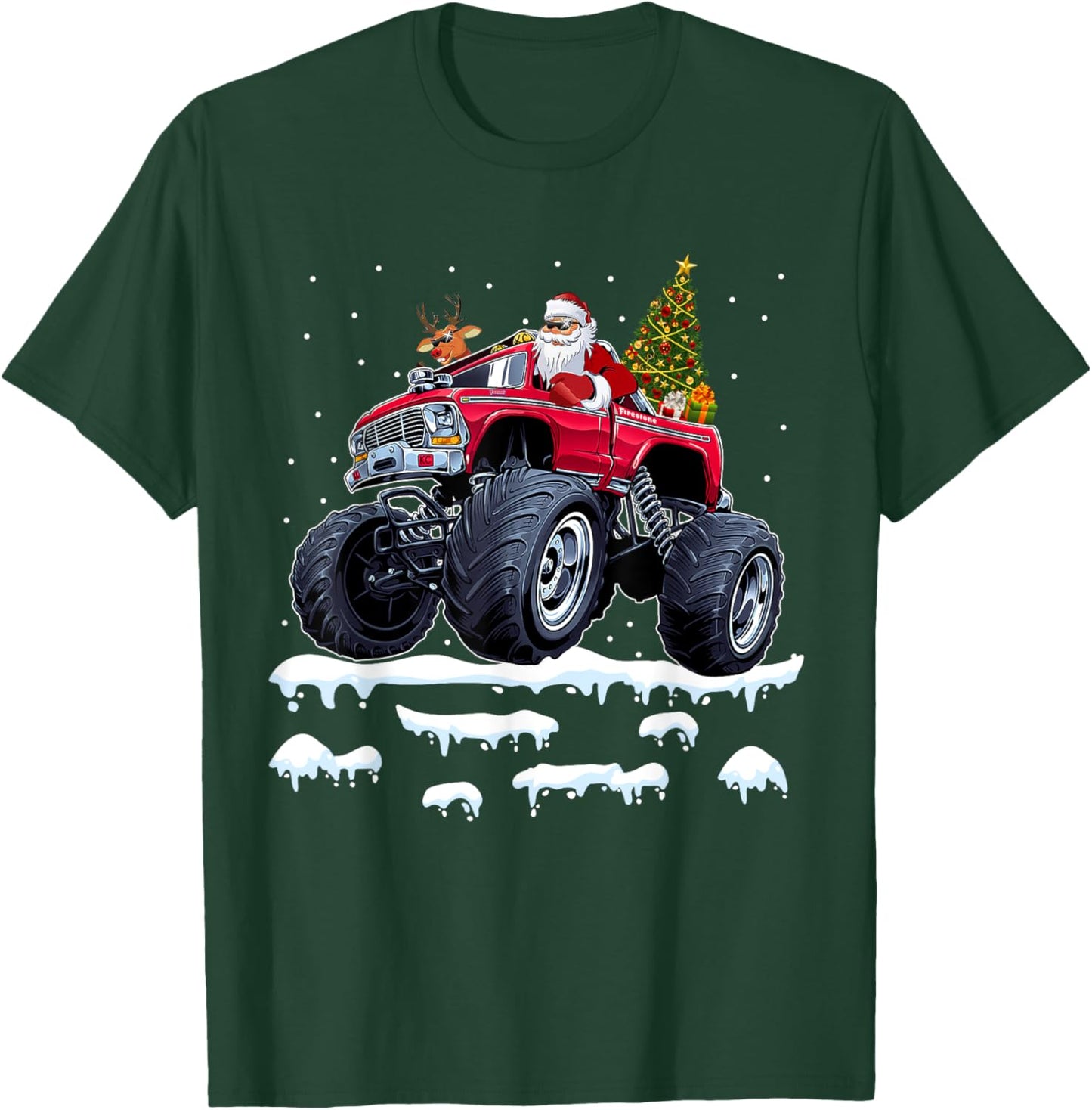 Reindeer Santa Riding Monster Truck Christmas Tree Men Boy T-Shirt - T-Shirt | Forest
